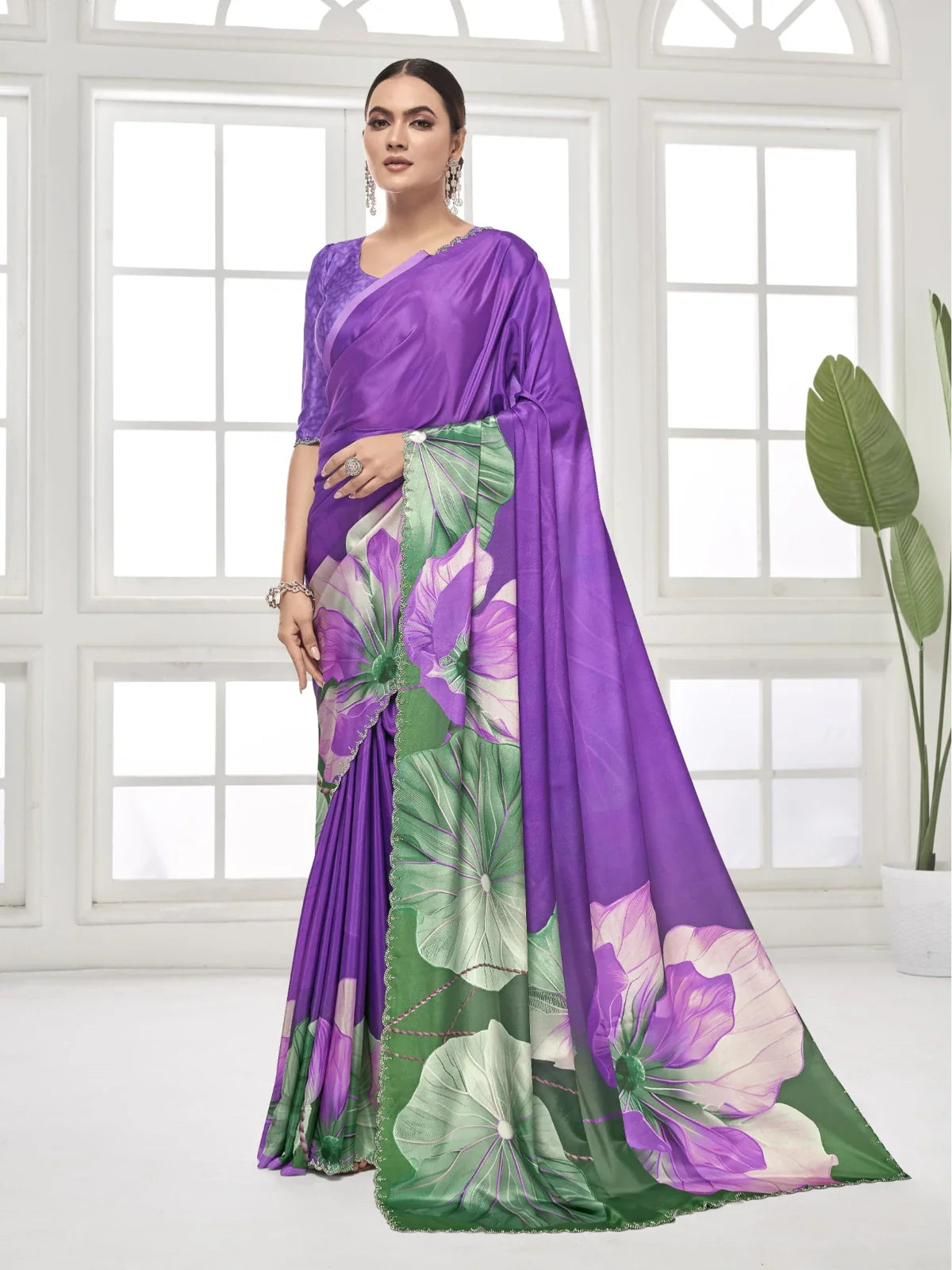 Tarani premium purple digital silk crape saree with Swarovski crystal border front full view