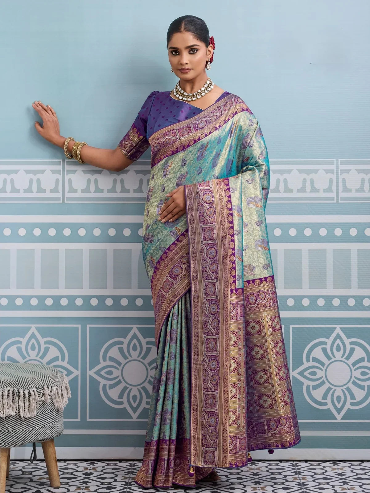 Tarani purple silk saree with zari and meenakari weaving full view for festive occasions