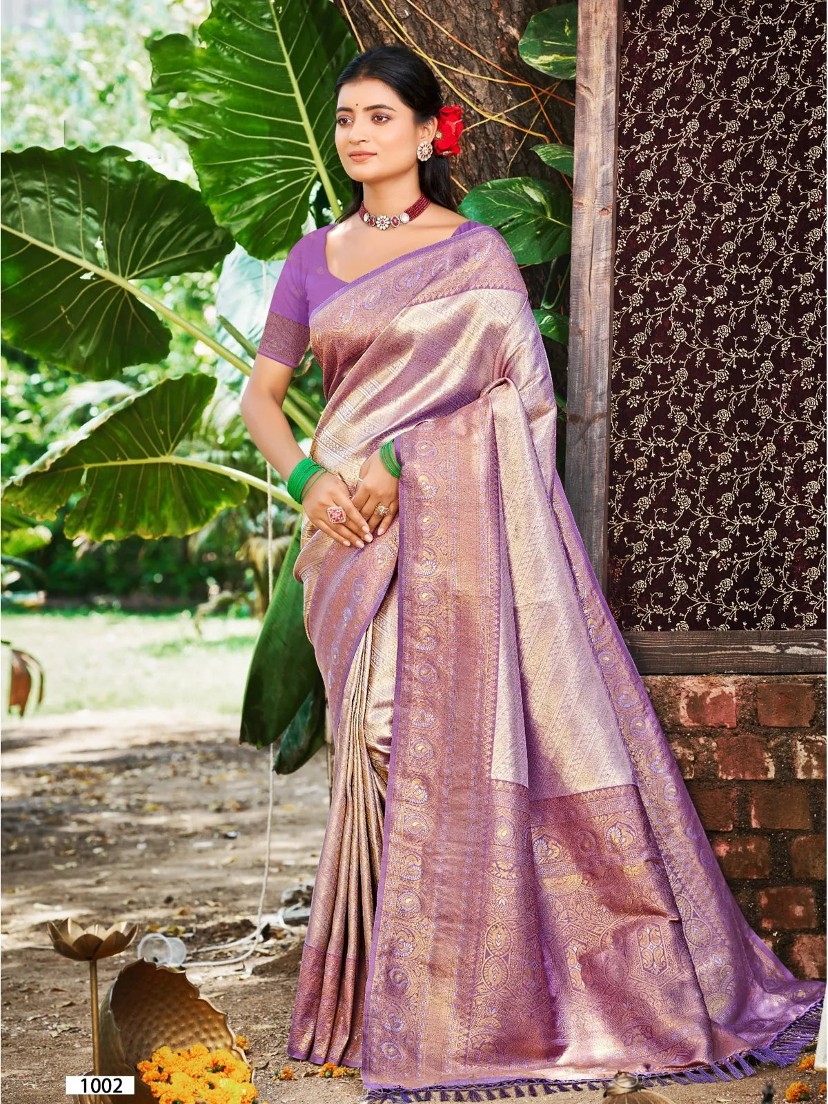 Tarani premium purple kanjivaram silk saree full view with weaving work for festive wear