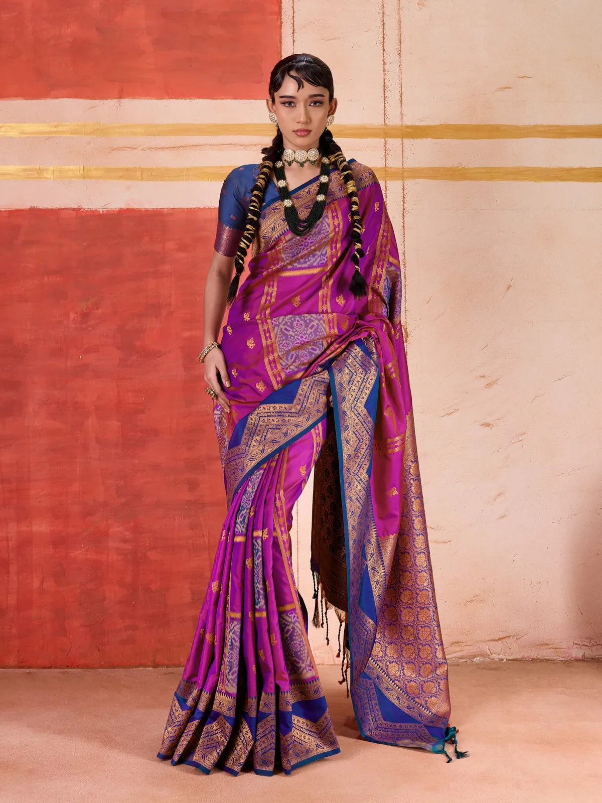 Tarani purple silk saree full view with royal blue blouse and zari border