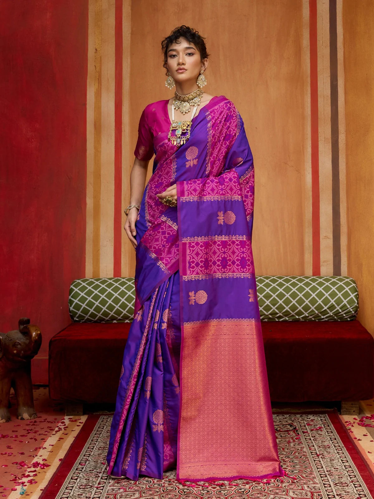 Tarani purple silk saree with contrast pink pallu and traditional weaving, festive party wear look