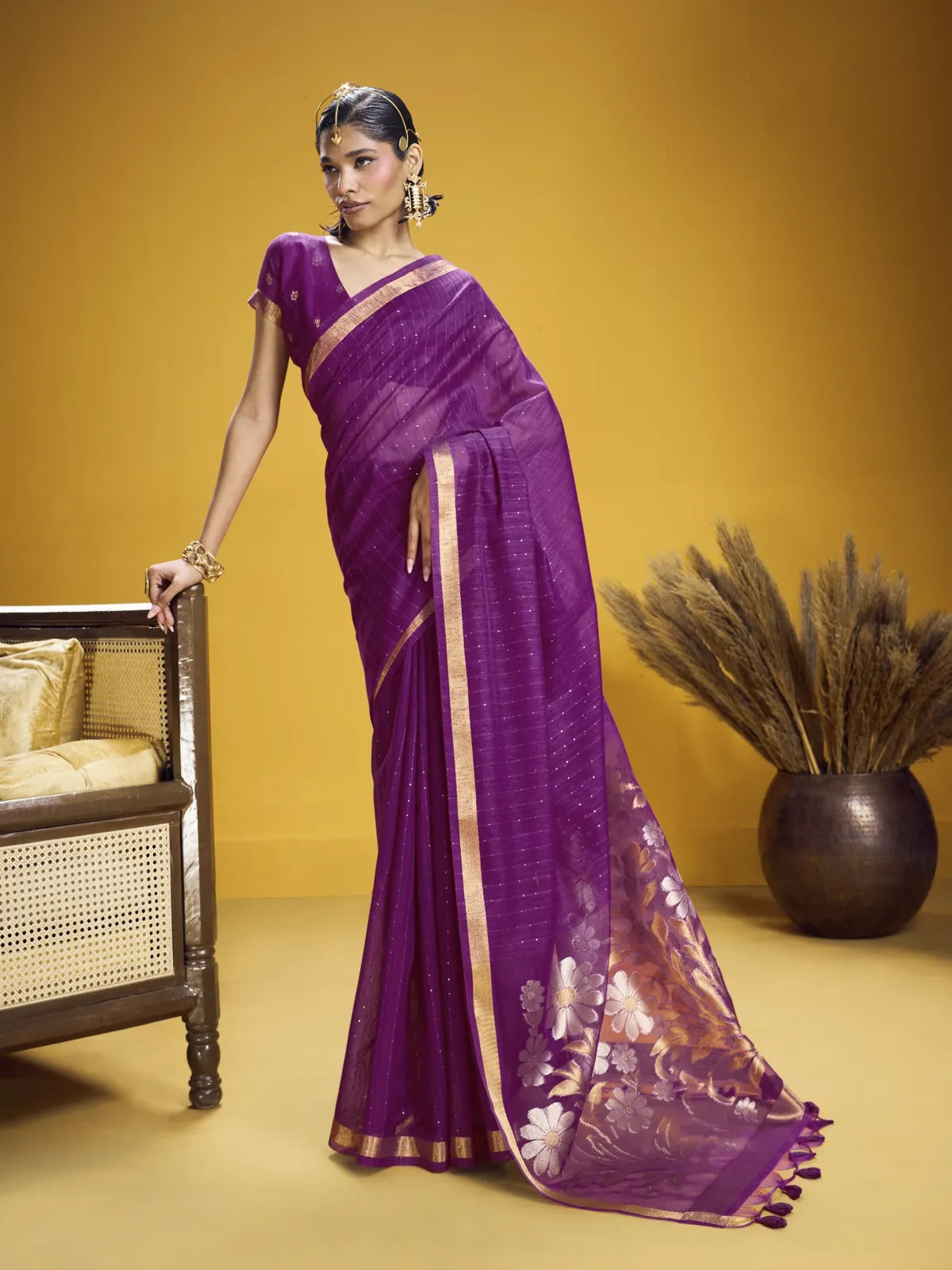 Tarani festive purple silk saree with golden floral pallu full view on model