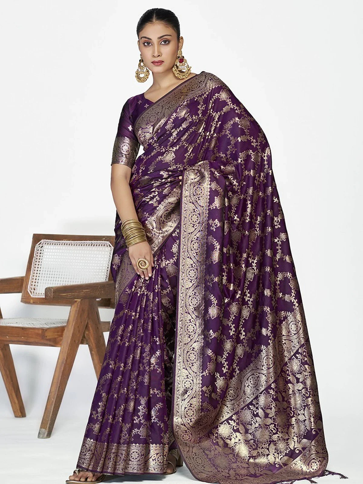 Tarani purple silk saree with golden zari work and traditional styling full view