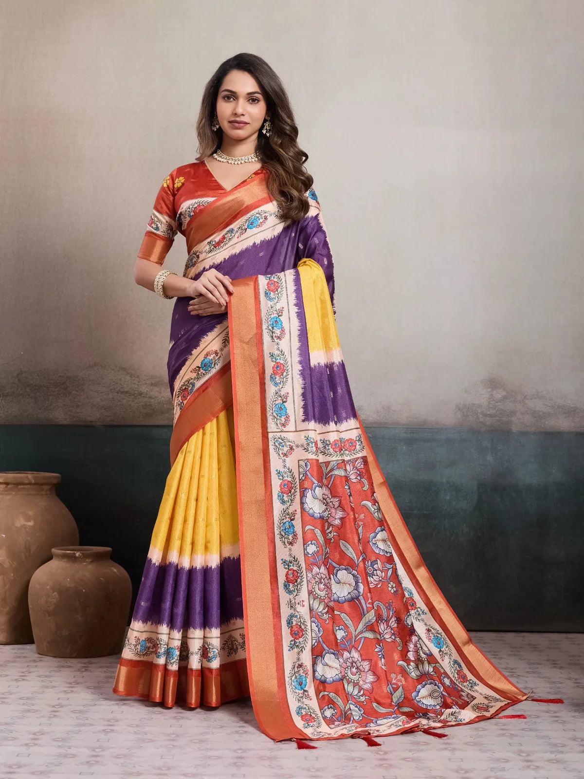 Tarani purple Kalki silk saree full view with yellow pleats and printed pallu