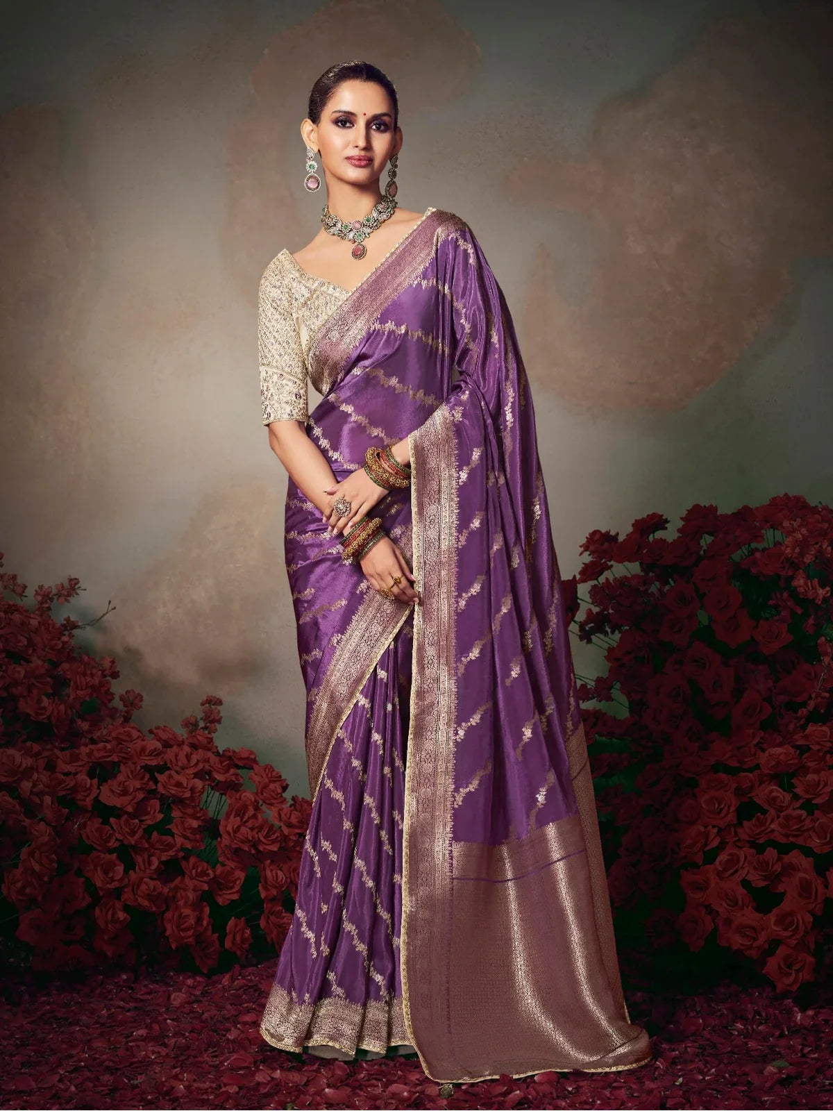 Tarani premium purple silk saree full view with zari work and embroidered blouse for festive occasions