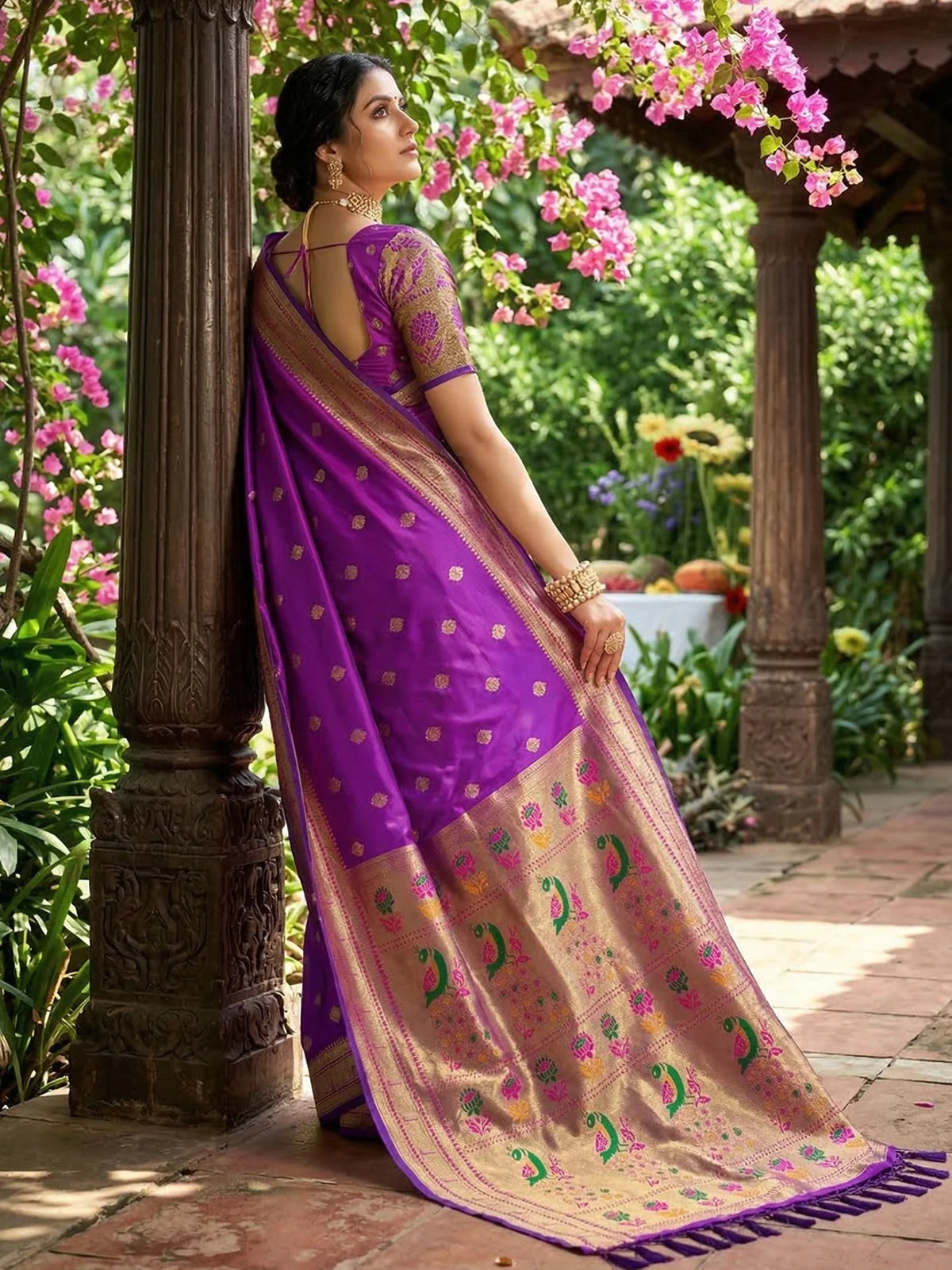 Tarani Aastha purple soft silk saree pallu view with woven peacock zari detailing