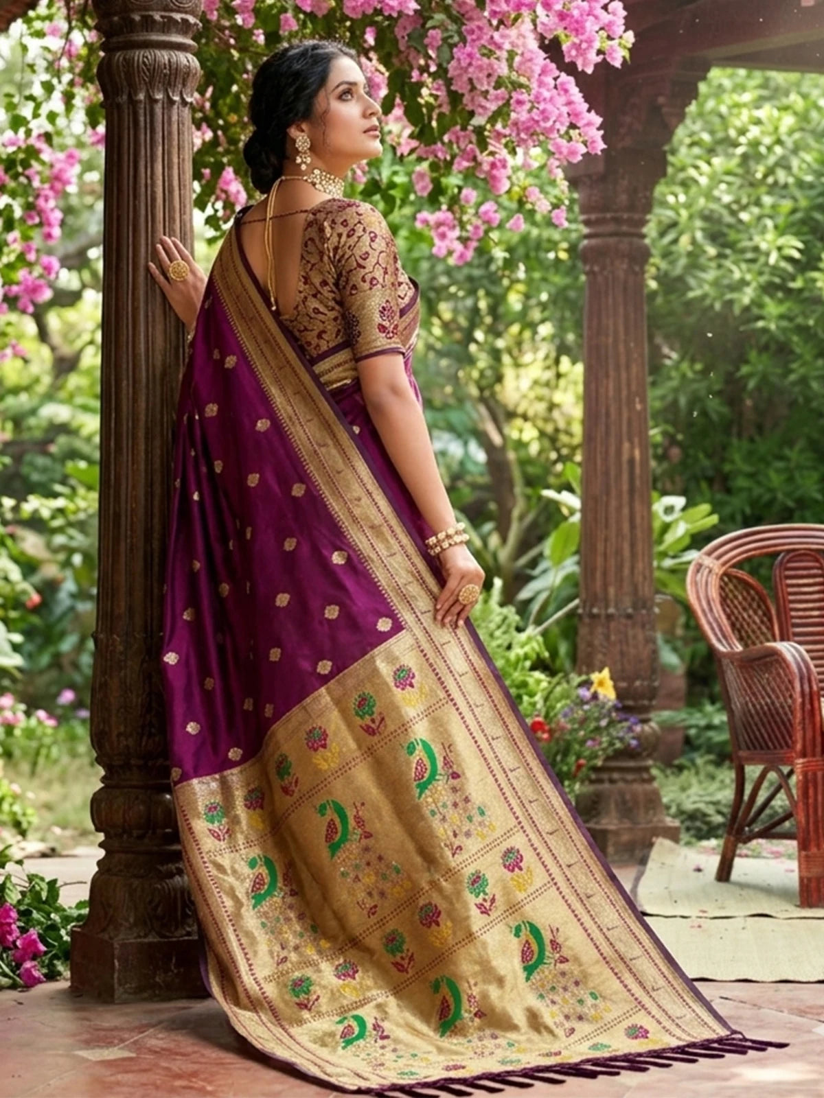 Tarani Ashwini purple soft silk saree pallu view with rich zari work and traditional motifs