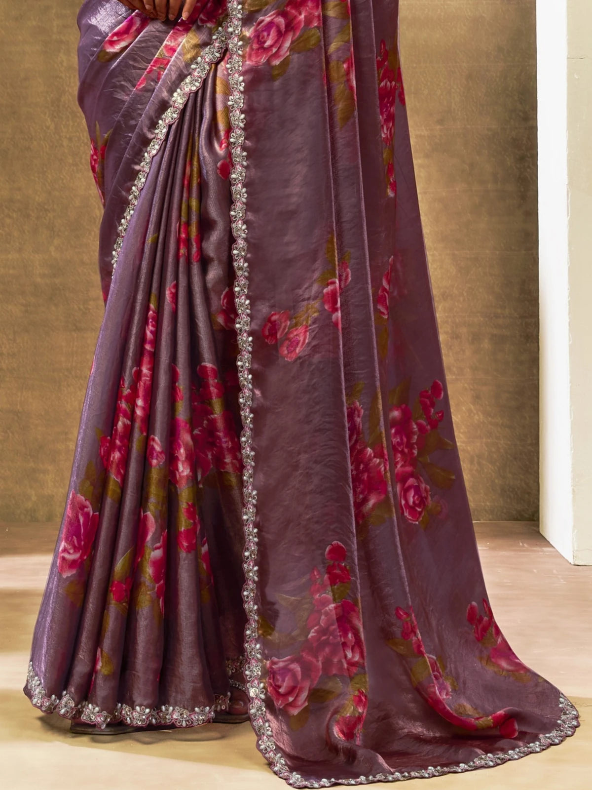 Tarani purple satin silk saree pallu and border detail view with floral digital print Shrinidhi