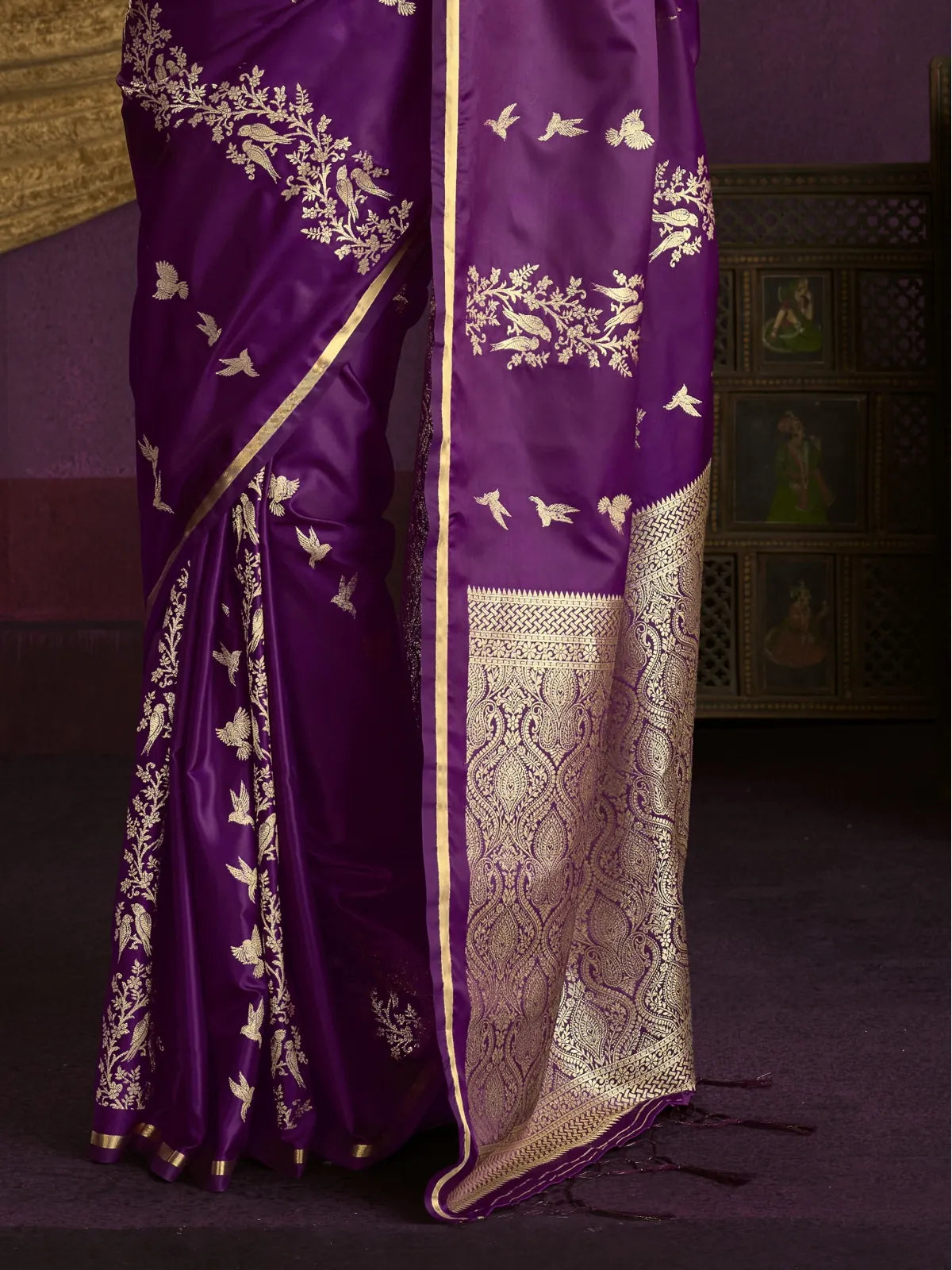Tarani purple silk saree pallu close-up with zari woven detailing