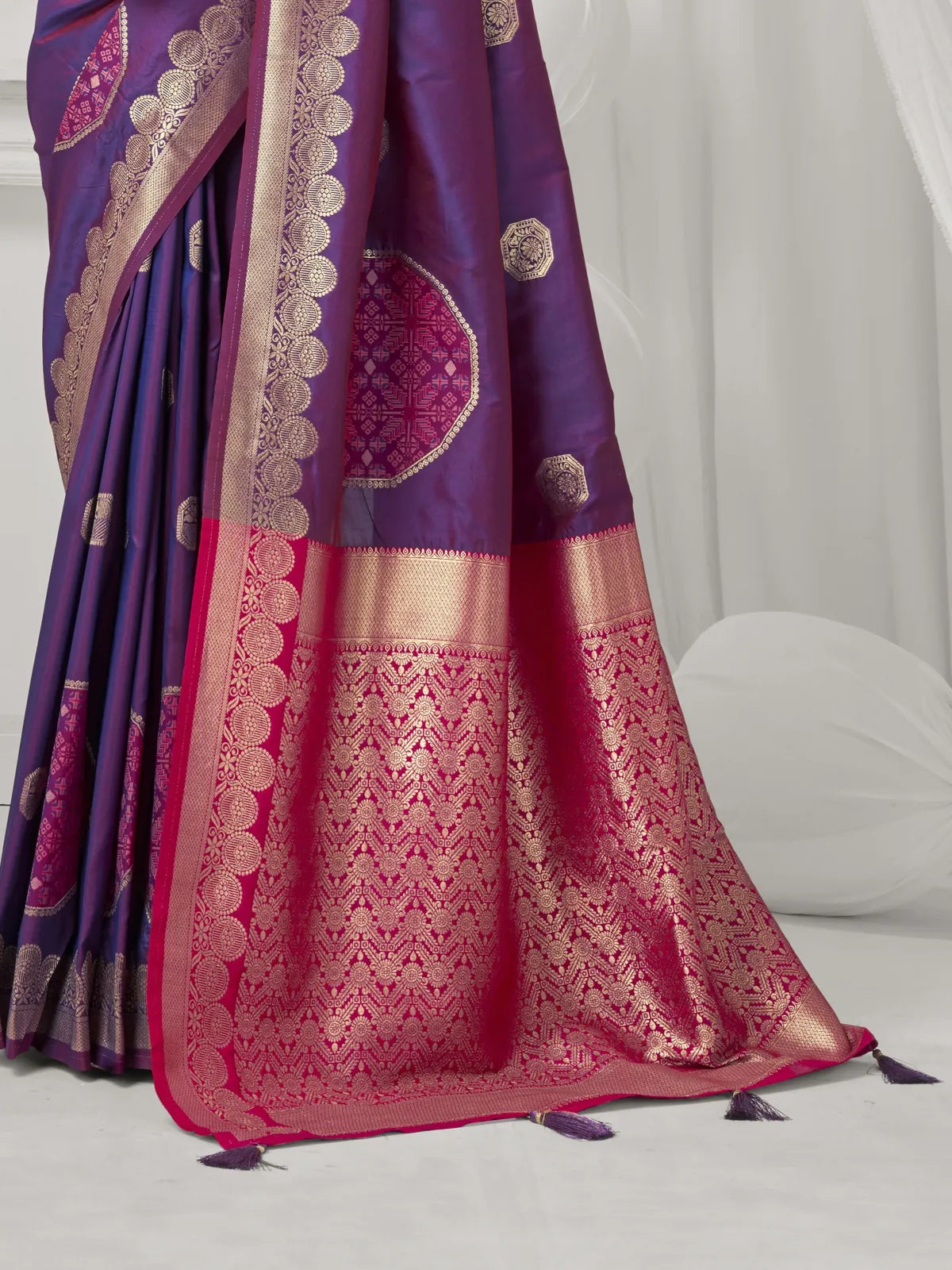 Tarani rich purple silk saree with golden pallu border and pumpum tassels