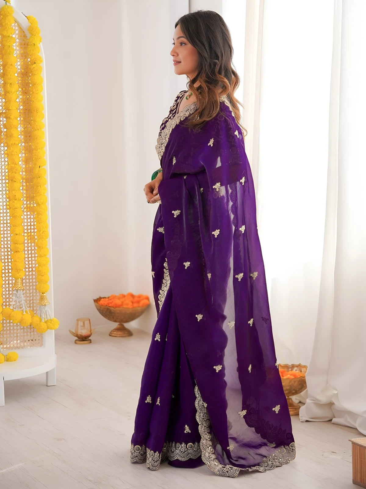 Tarani purple Fandy Satin Silk saree graceful side profile with embroidered border and pallu