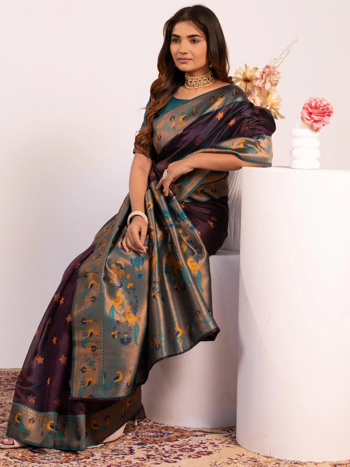 Tarani premium soft tissue silk purple Paithani saree side-view