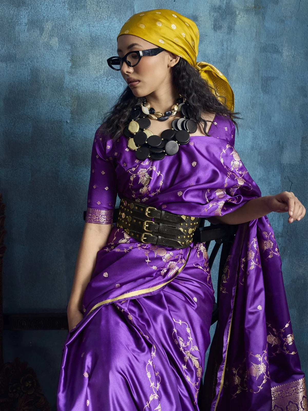 Tarani purple satin handloom weaving silk saree side pose with zari border and blouse