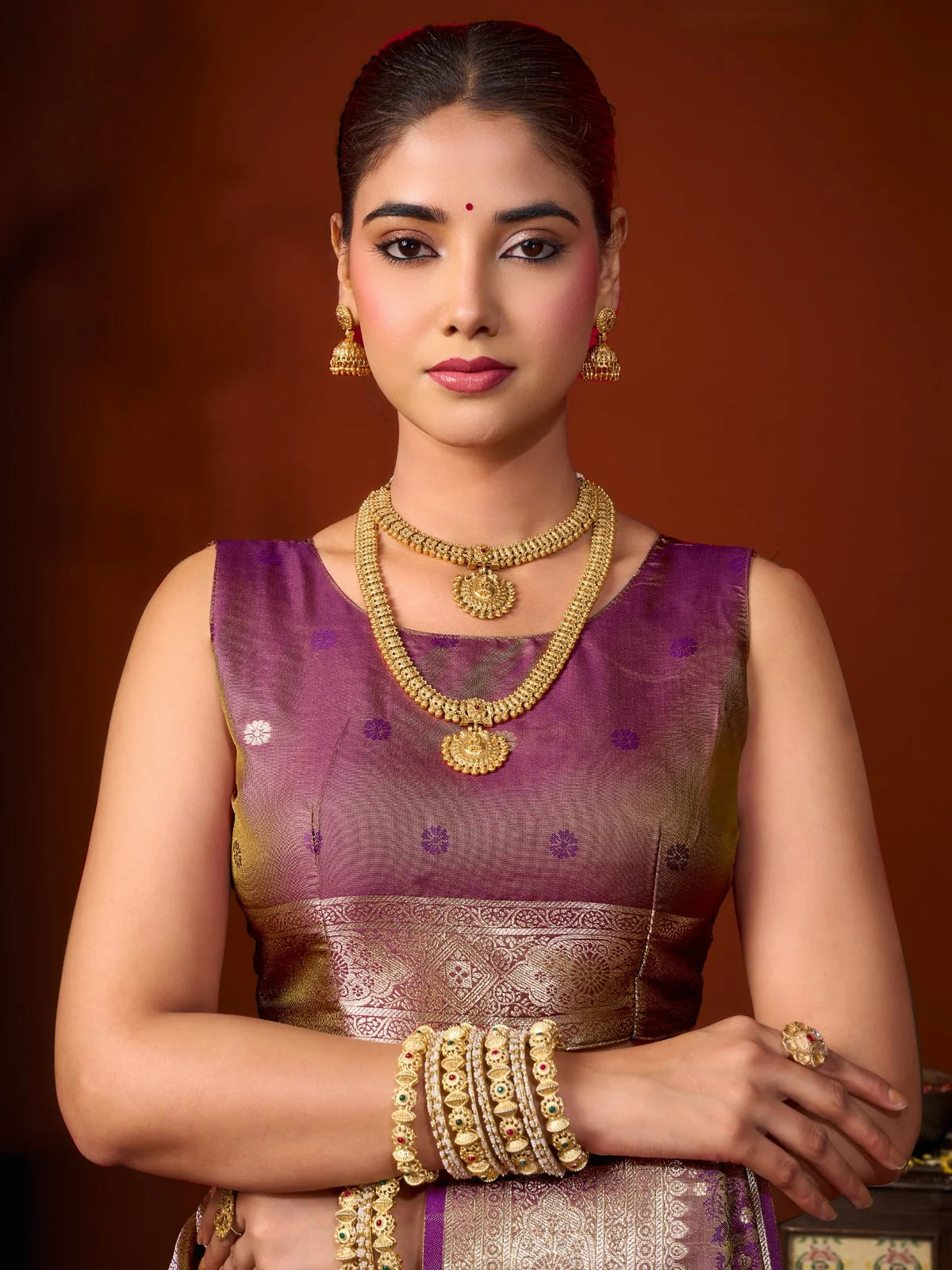 Tarani premium purple jacquard soft silk saree with rich zari weaving upper body view