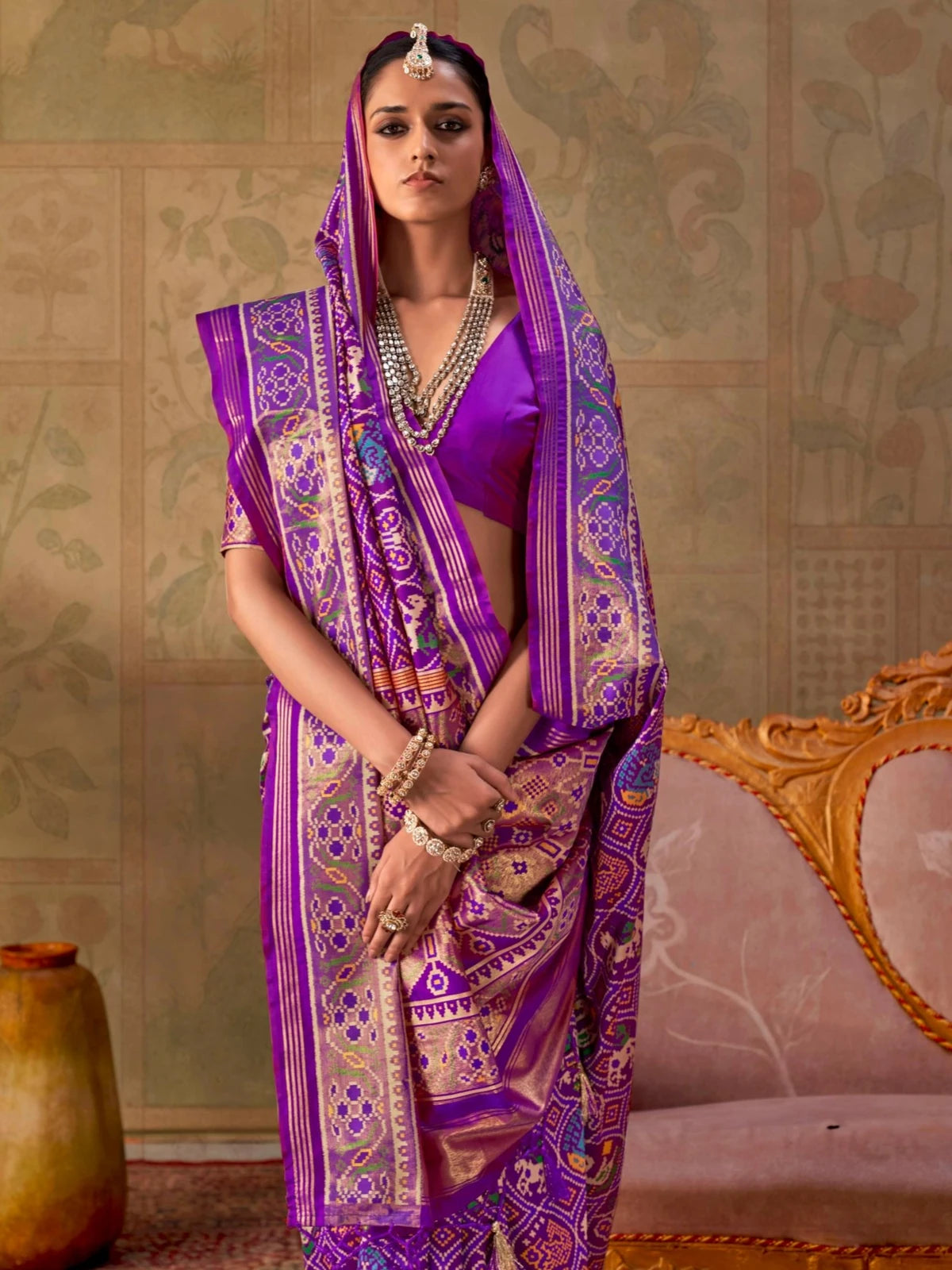 Tarani purple Patola silk saree upper body view showing pallu and blouse
