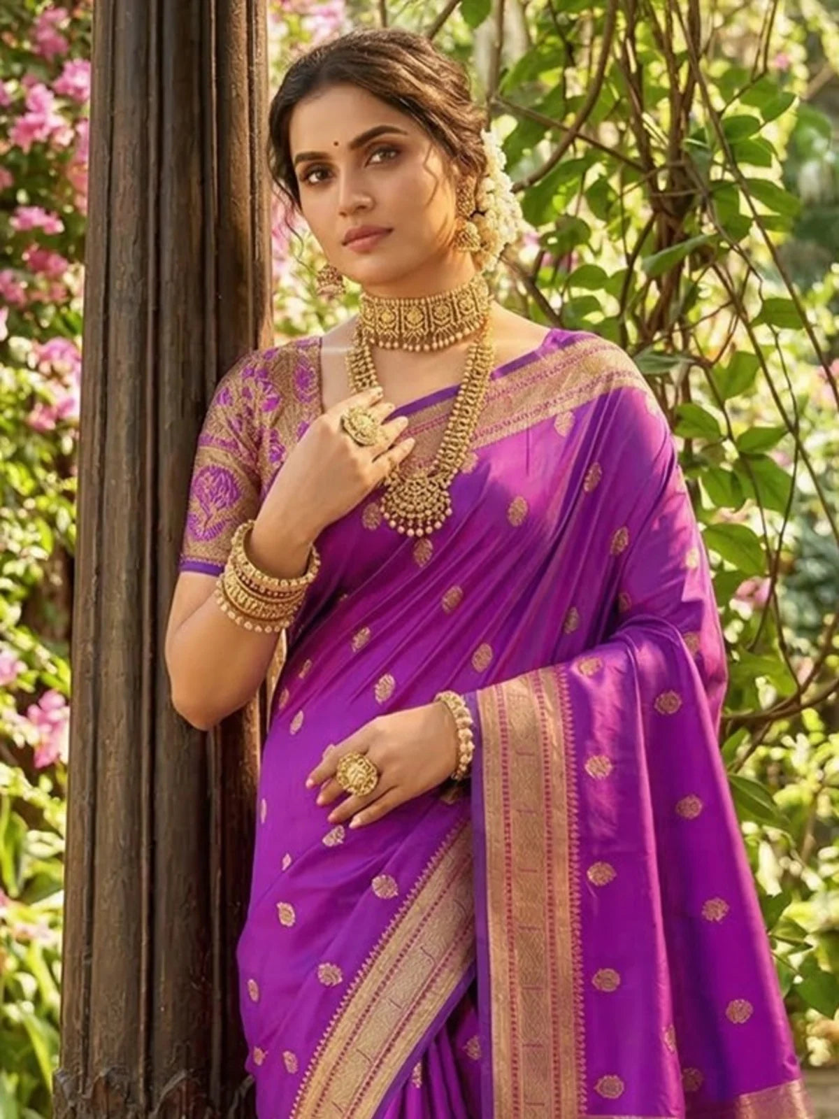 Tarani Aastha purple soft silk saree upper body view with zari motifs and designer blouse