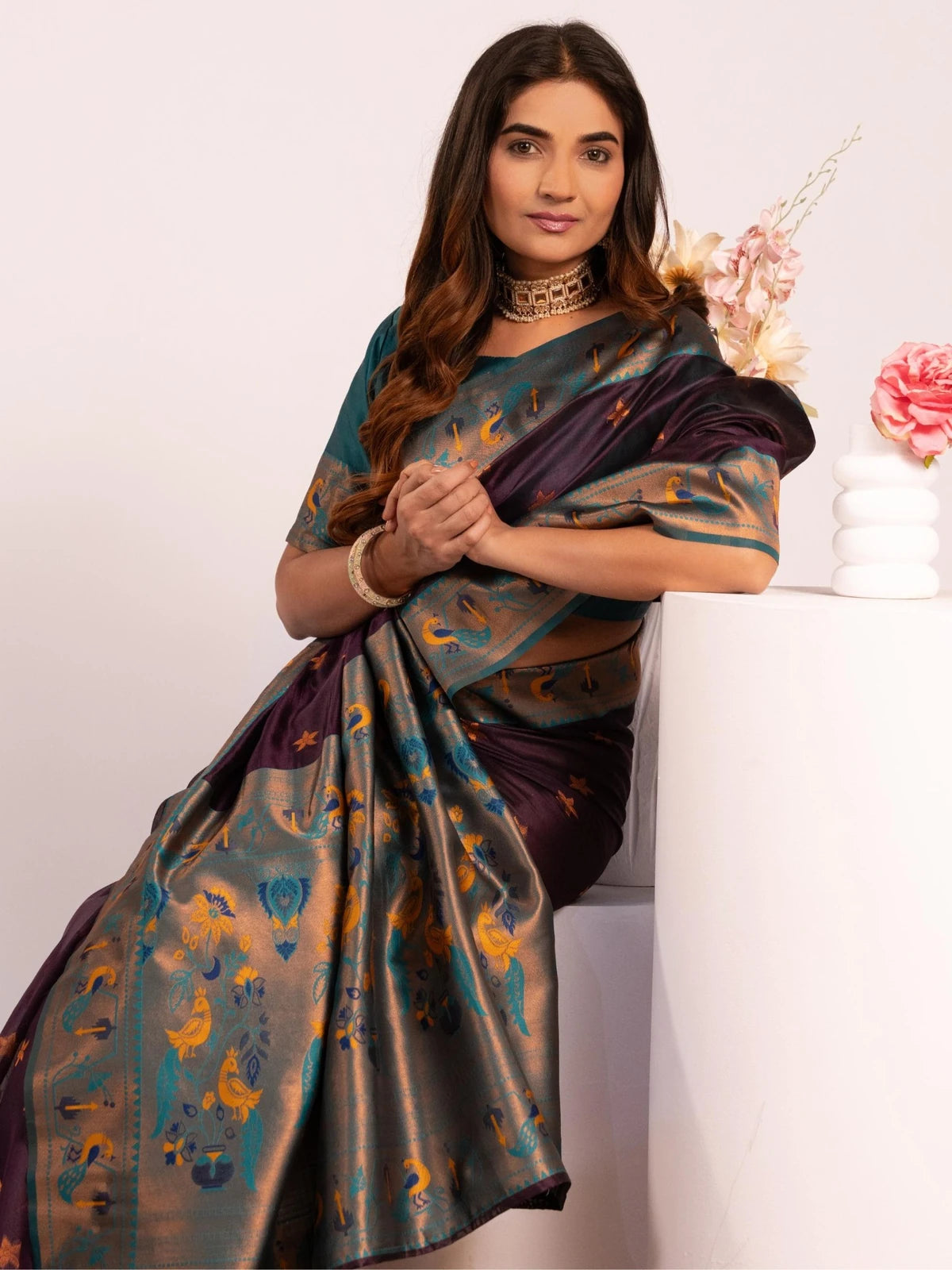 Tarani premium soft tissue silk purple Paithani saree upper-body-view