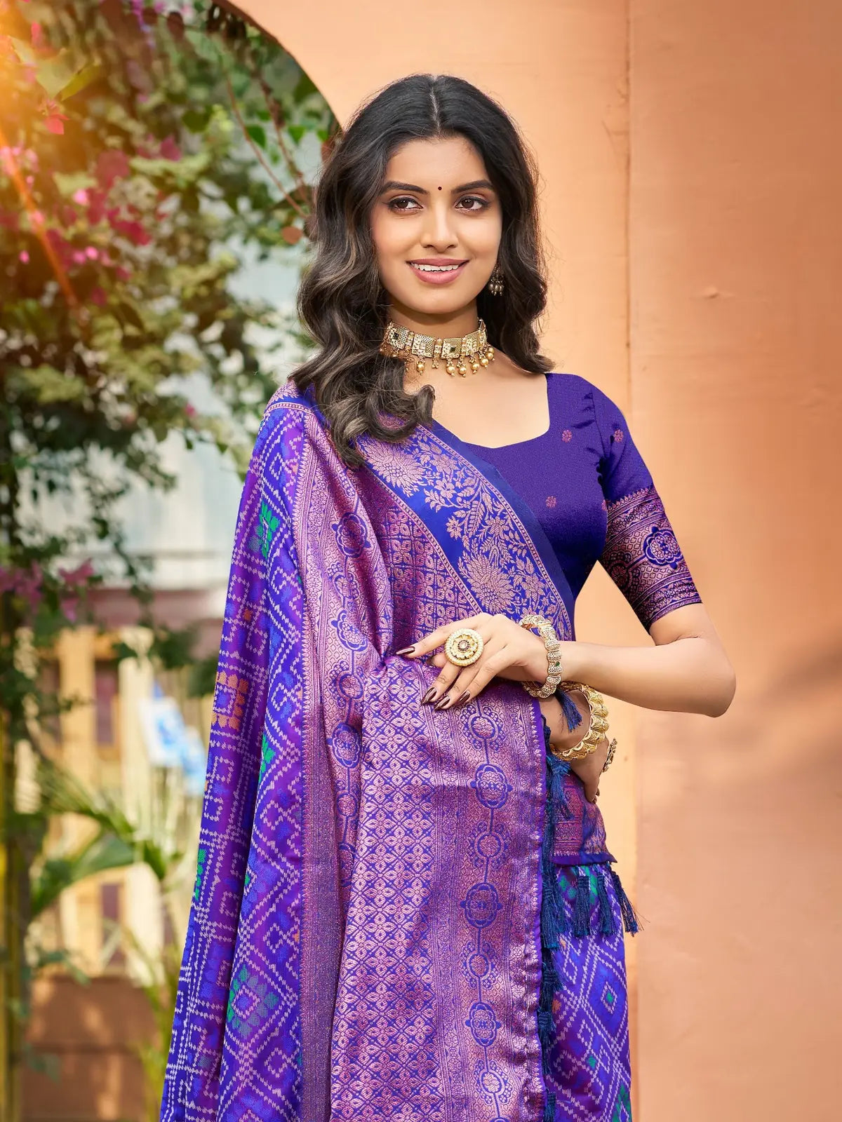 Tarani purple soft silk saree upper body view with woven border and designer blouse