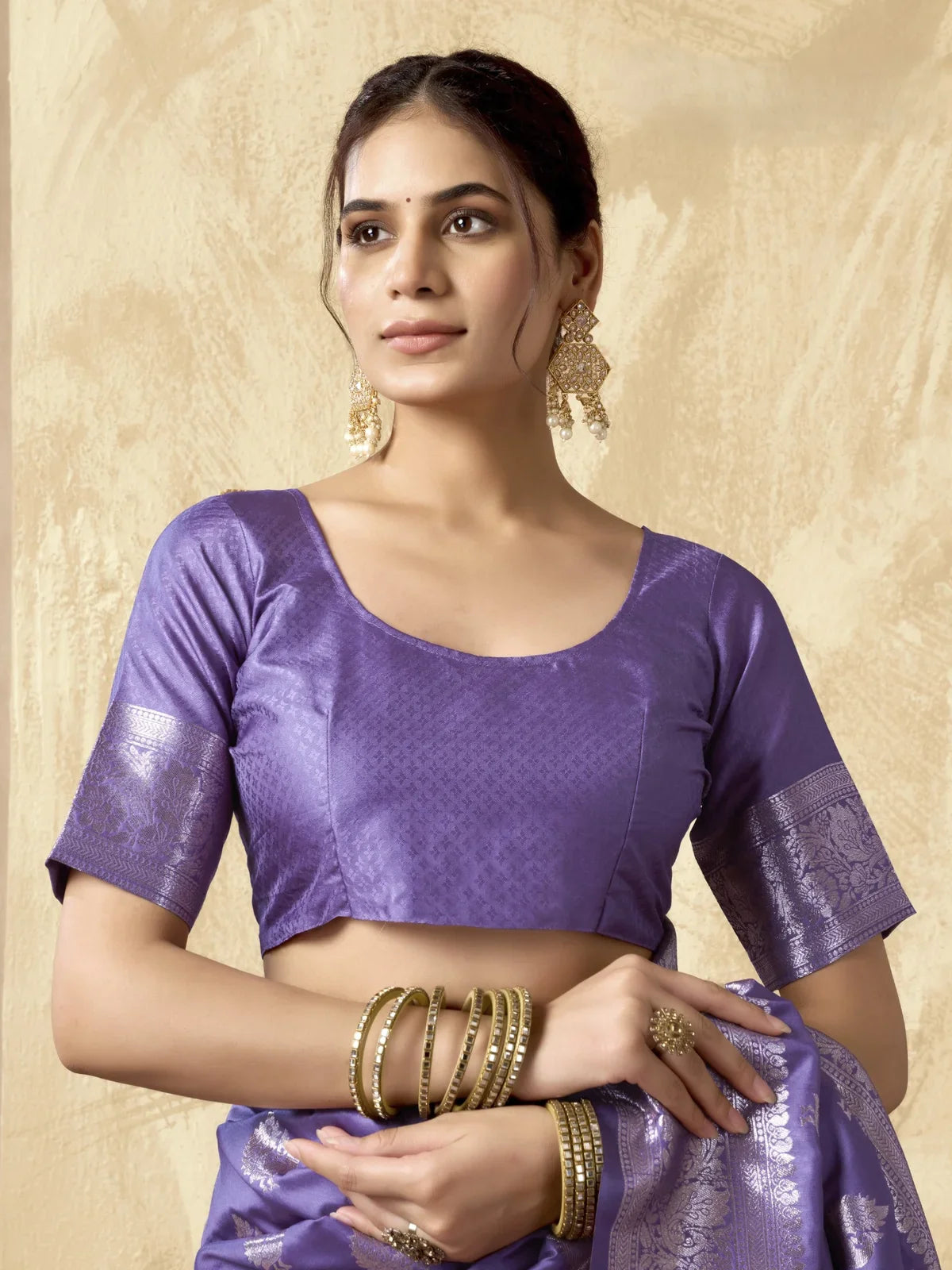 Tarani purple silk saree upper body view with blouse and zari work