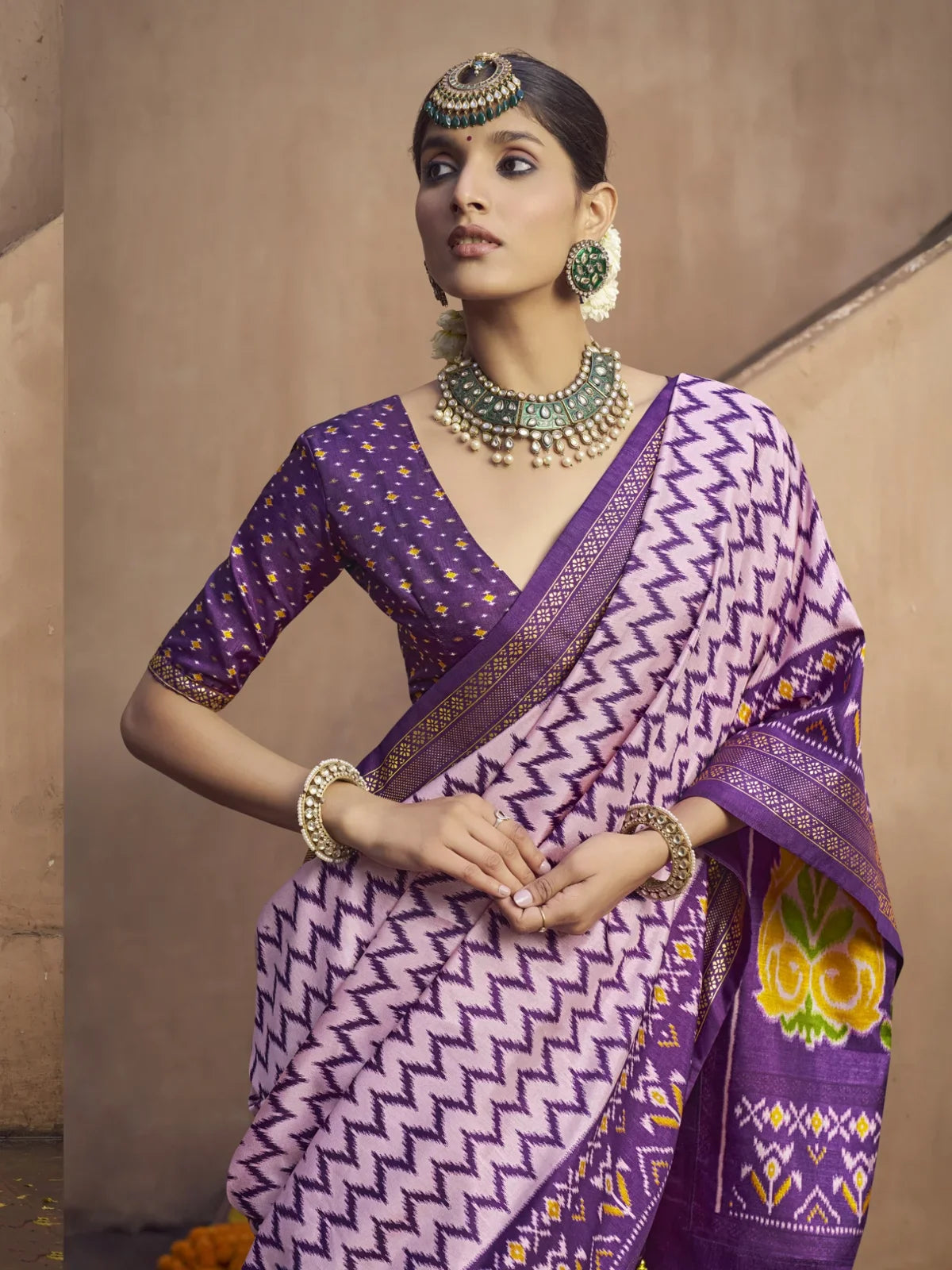 Tarani purple silk saree upper body view with elegant blouse design