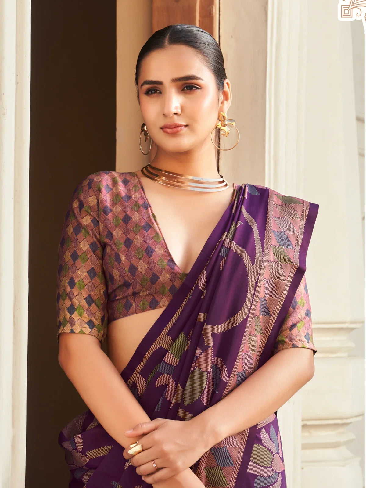 Tarani purple silk saree upper body view showing blouse and drape details