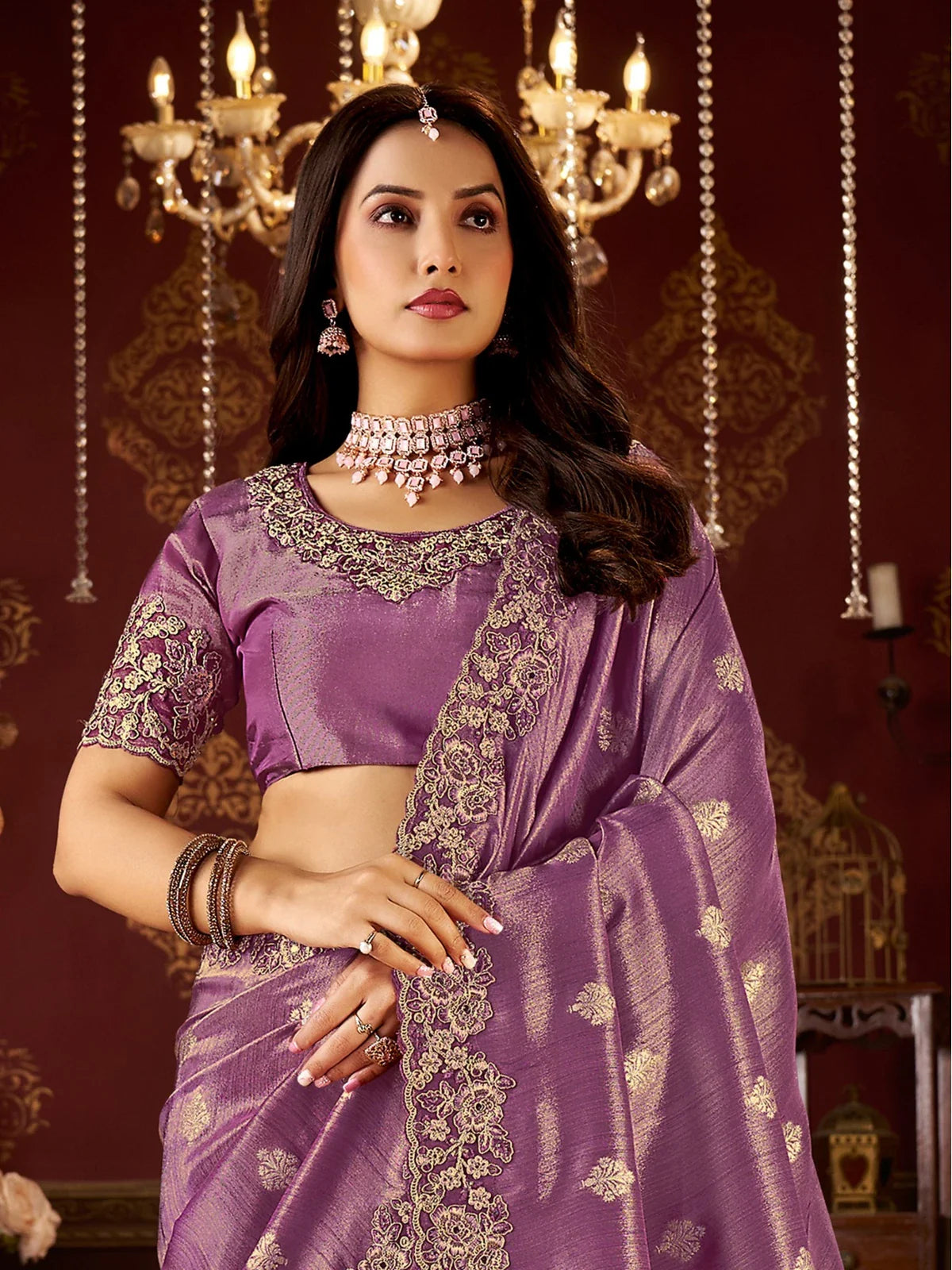 Tarani premium purple saree with zari embroidery showing close-up of blouse and neckline