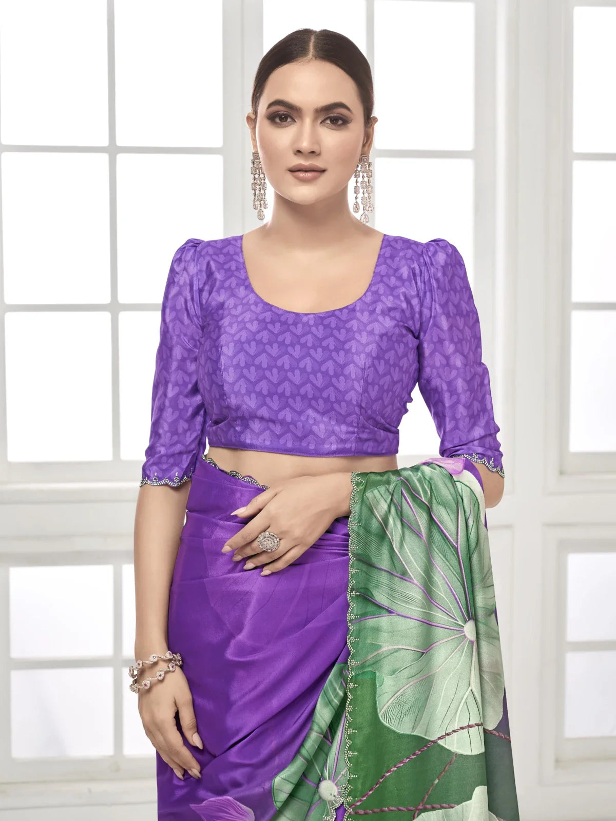Tarani designer blouse with digital print and embroidered sleeve in purple silk crape