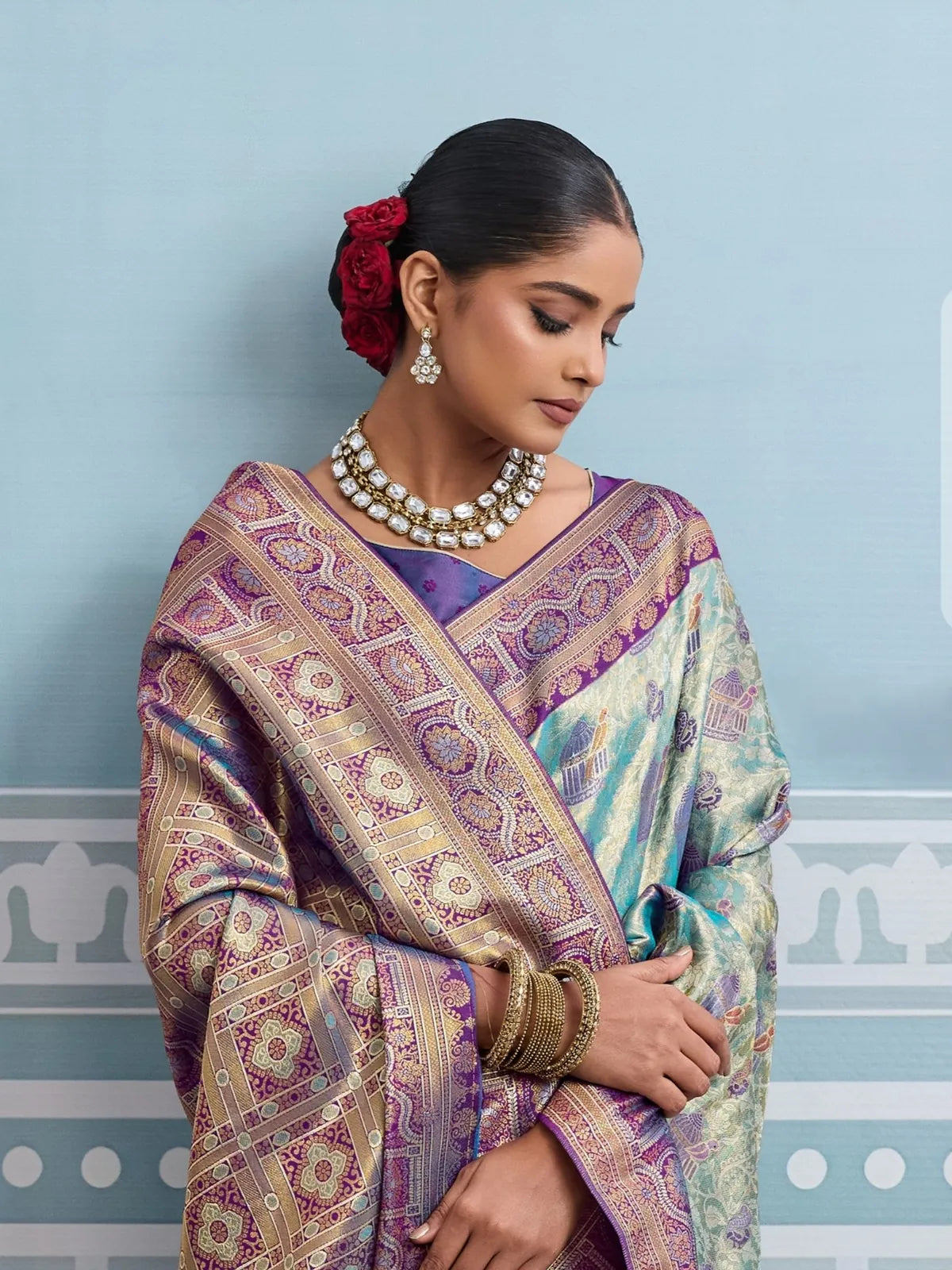 Tarani purple silk saree upper body view with blouse and meenakari pattu sleeves