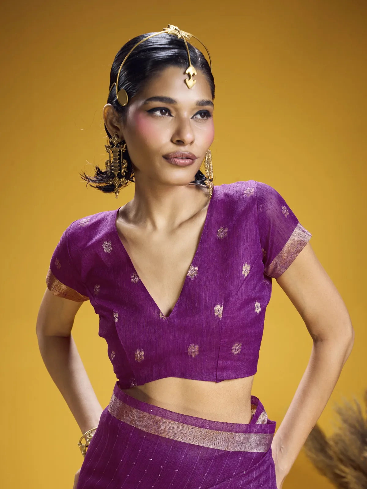 Tarani purple silk saree blouse closeup with zari weave and traditional jewellery
