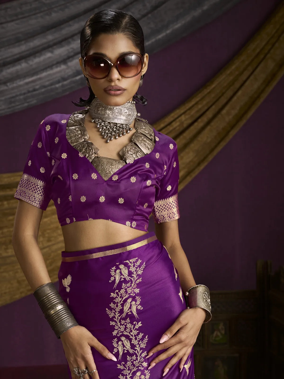 Tarani purple silk saree upper body view with blouse and jewellery