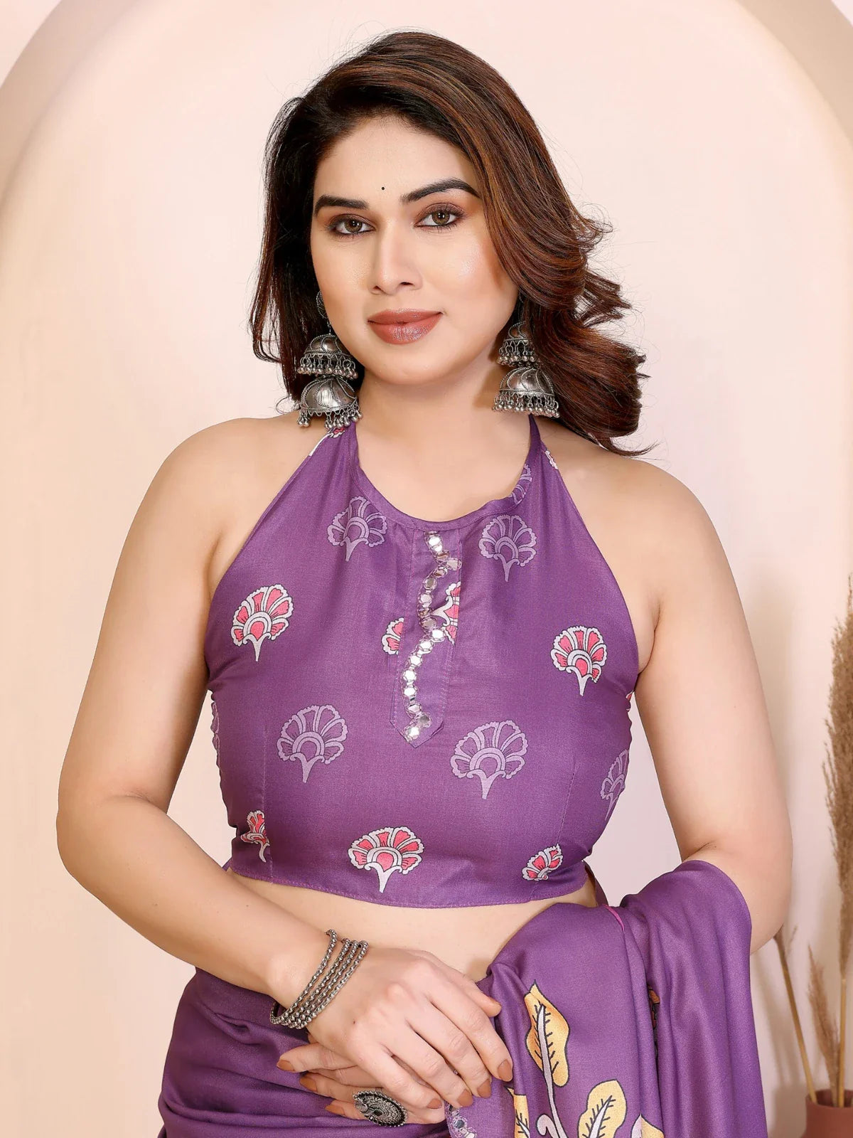 Tarani purple saree halter neck mirror work blouse closeup upper body view
