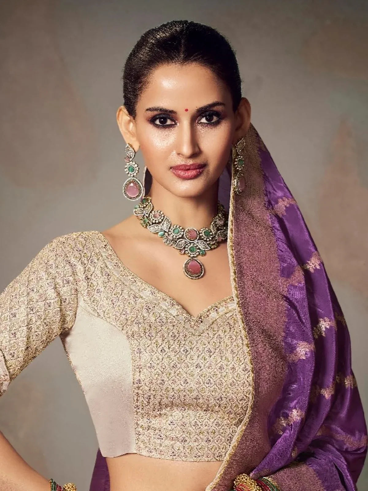 Tarani designer purple silk saree with rich embroidery blouse upper body view