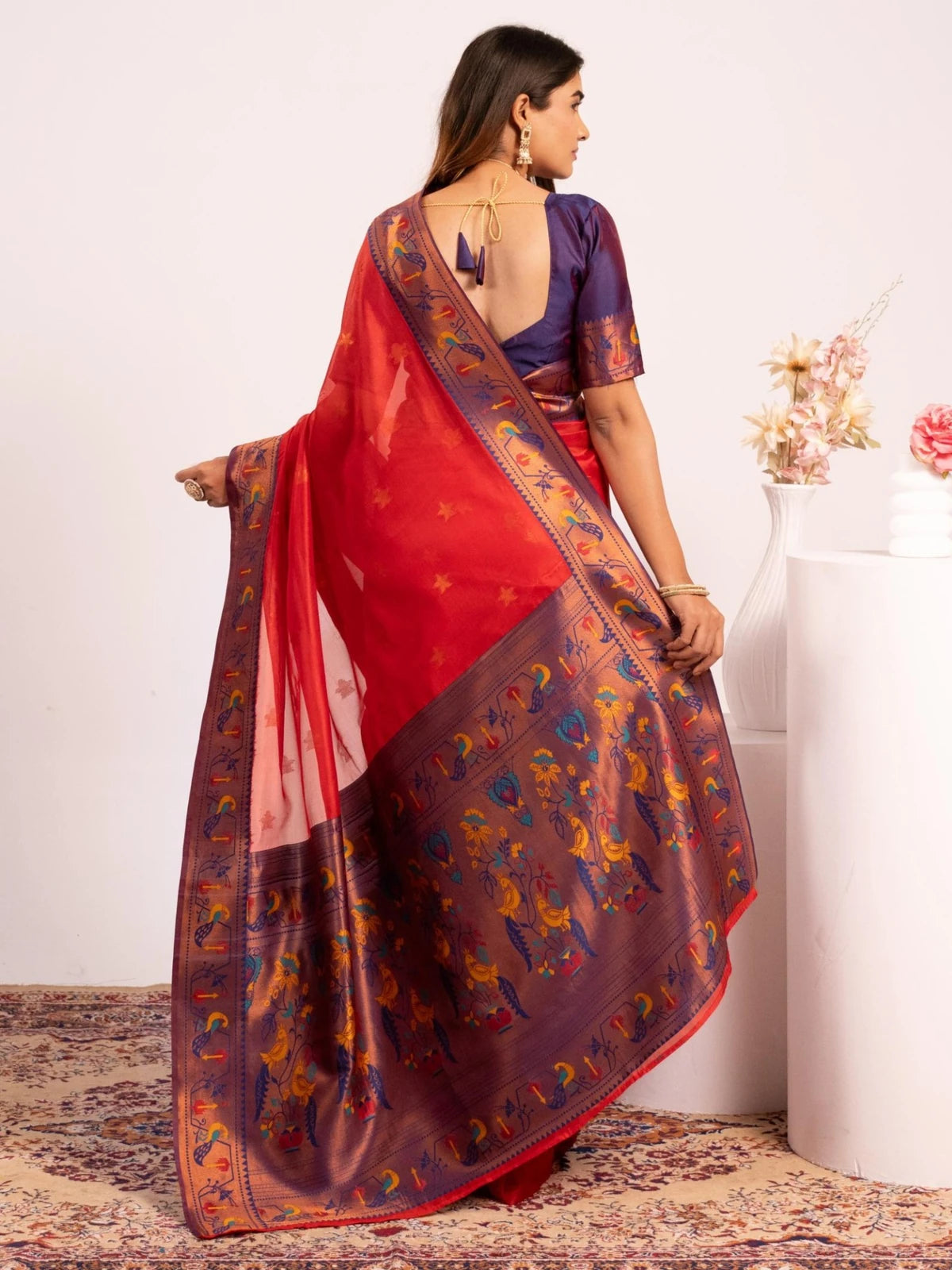 Tarani red Paithani saree back view showing pallu design and blouse pattern