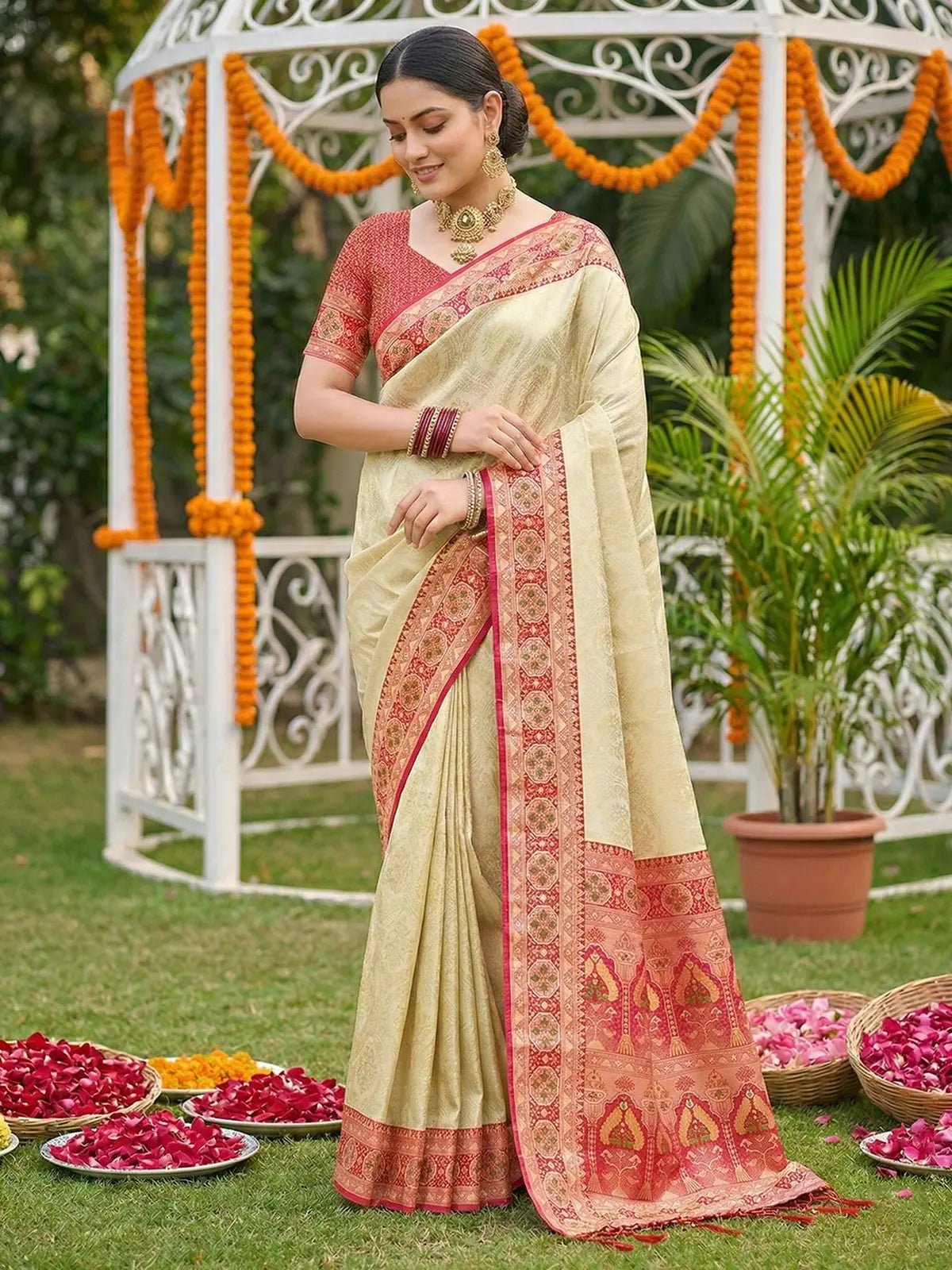 Tarani Dhanashri premium soft silk red saree with red woven border front view for wedding and festive wear