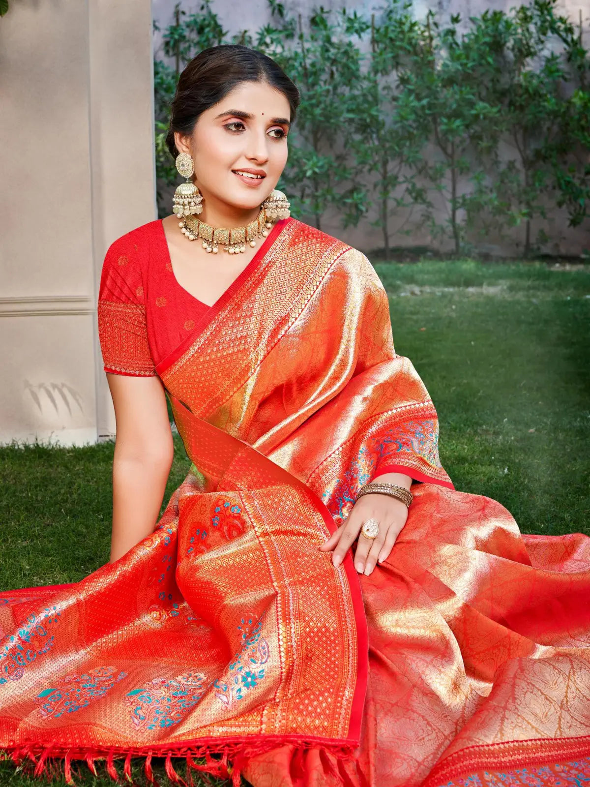 Tarani red Kanjivaram silk saree front view with elegant traditional design