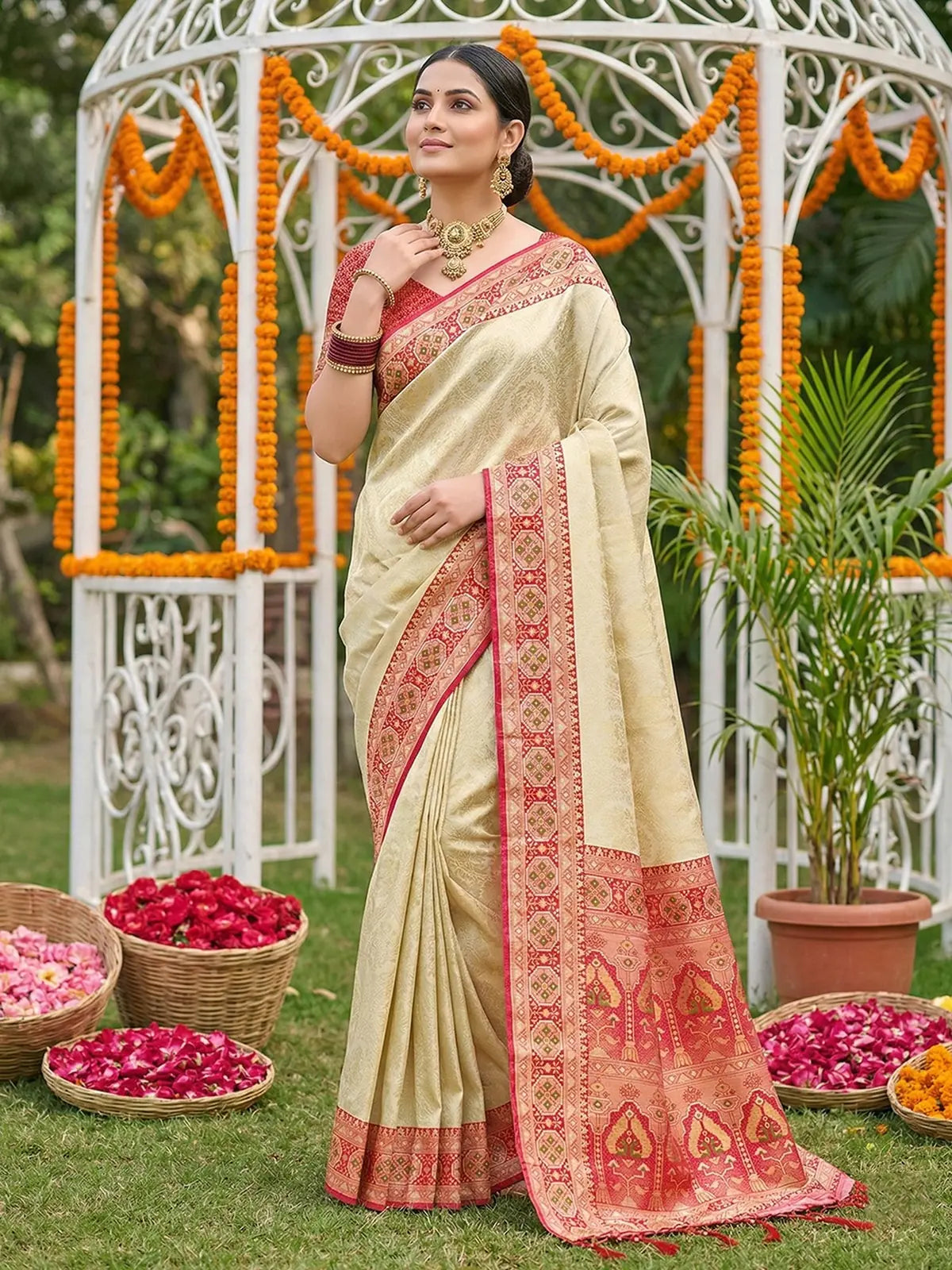 Tarani Dhanashri premium soft silk red saree full view with designer contrast border and woven pallu