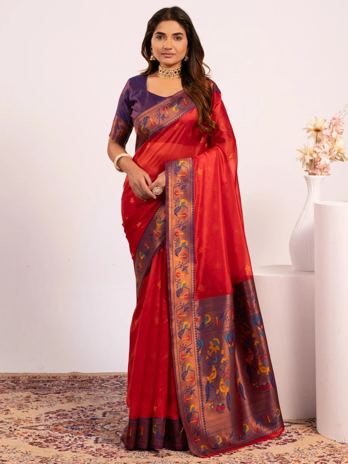 Tarani premium red Soft Tissue Silk Paithani saree full view with zari woven pallu and contrast blouse piece