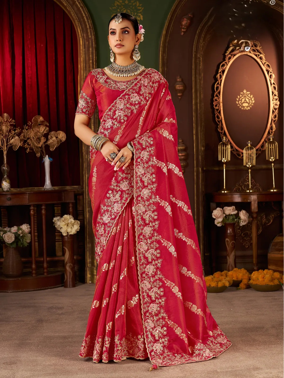Tarani red silk saree with heavy zari embroidery border and designer blouse full view