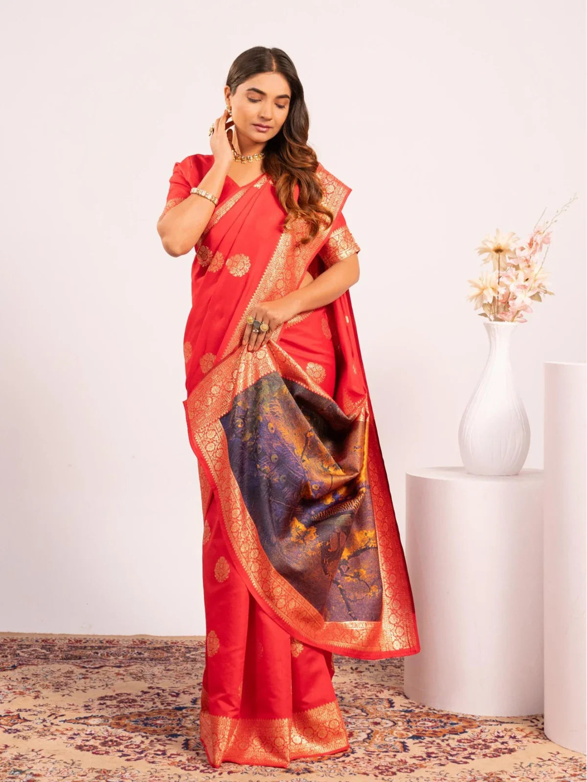 Tarani red banarasi silk saree with zari weaving and exotic resham peacock pallu - full view