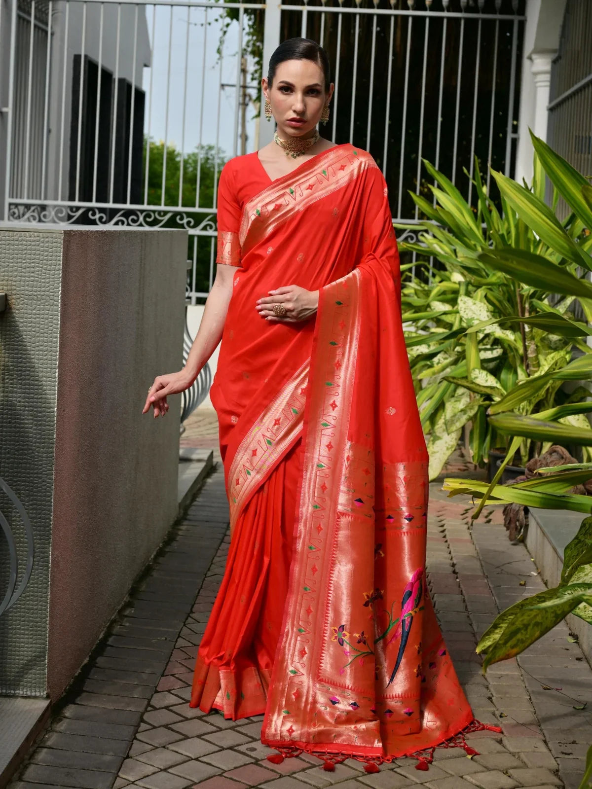 Tarani soft banarasi silk saree in red with zari meena pallu and running blouse - full front view