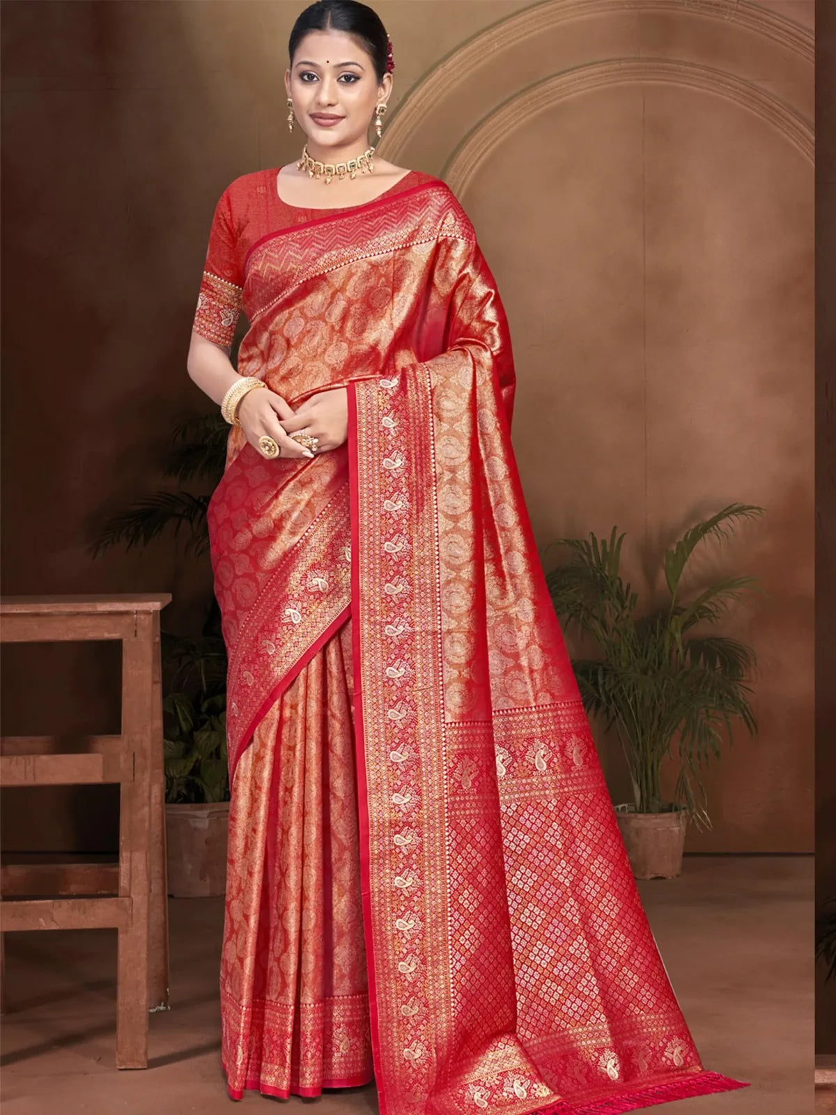 Tarani red kanjivaram silk saree full view for festive wear with blouse piece