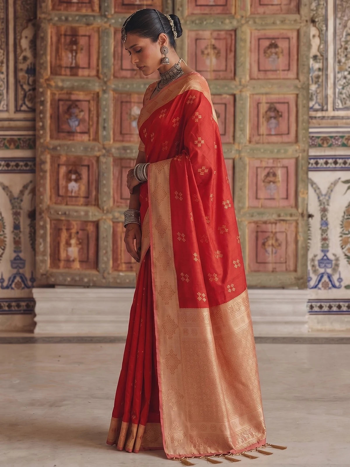 Tarani premium soft silk red saree with contrast woven border side view