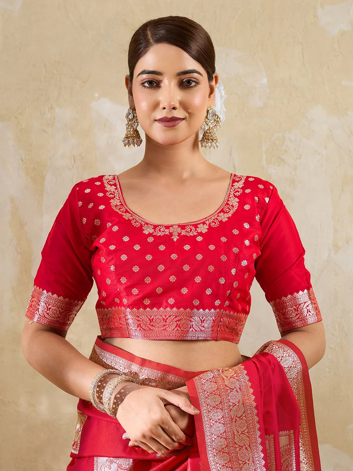 Tarani red silk blend zari work saree upper body blouse detailing view