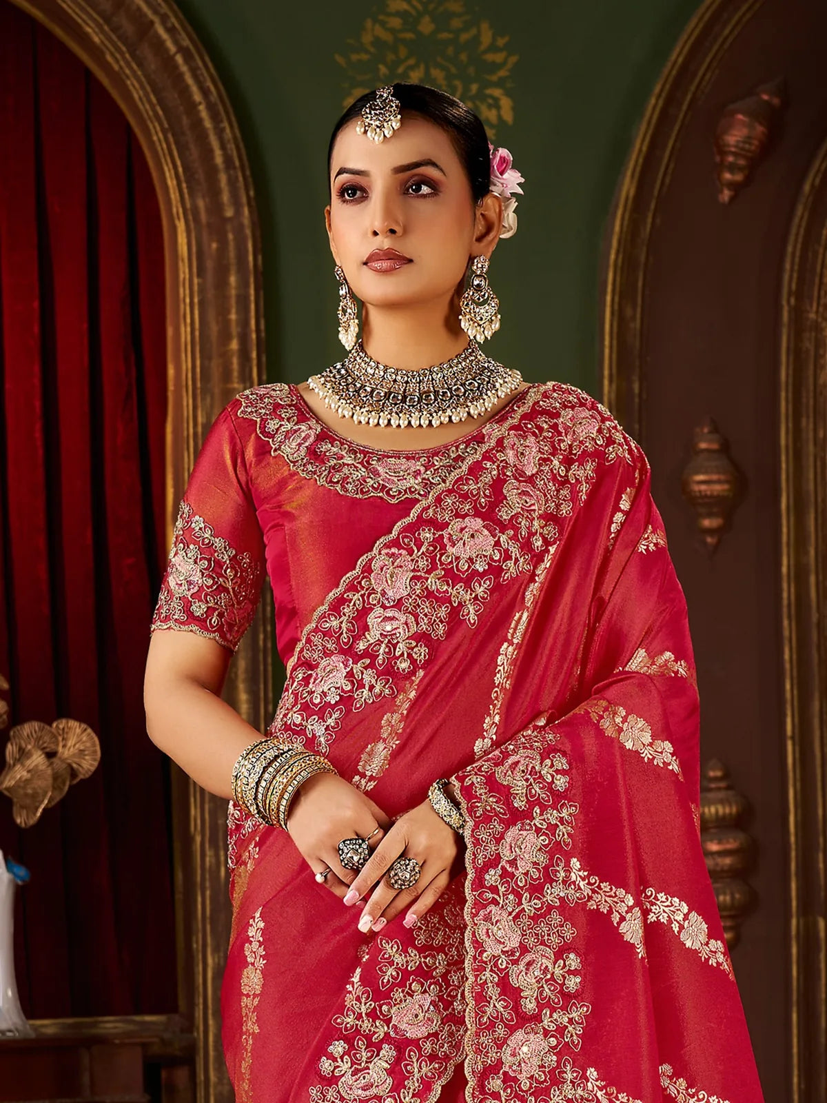 Tarani red silk saree upper body view showcasing zari embroidery and blouse work