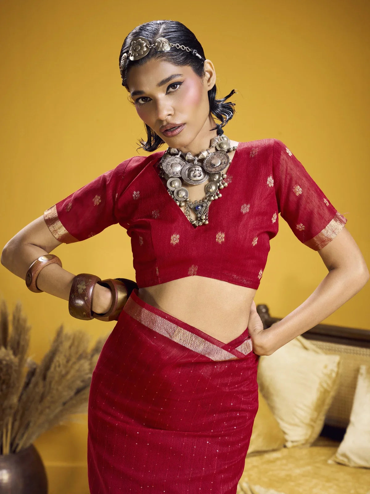 Tarani red silk saree close-up showing handloom blouse with zari work