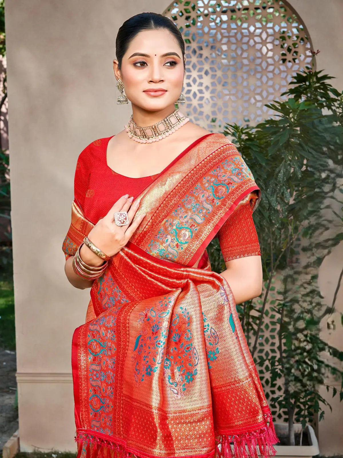 Tarani red Kanjivaram silk saree upper body view with zari border and blouse