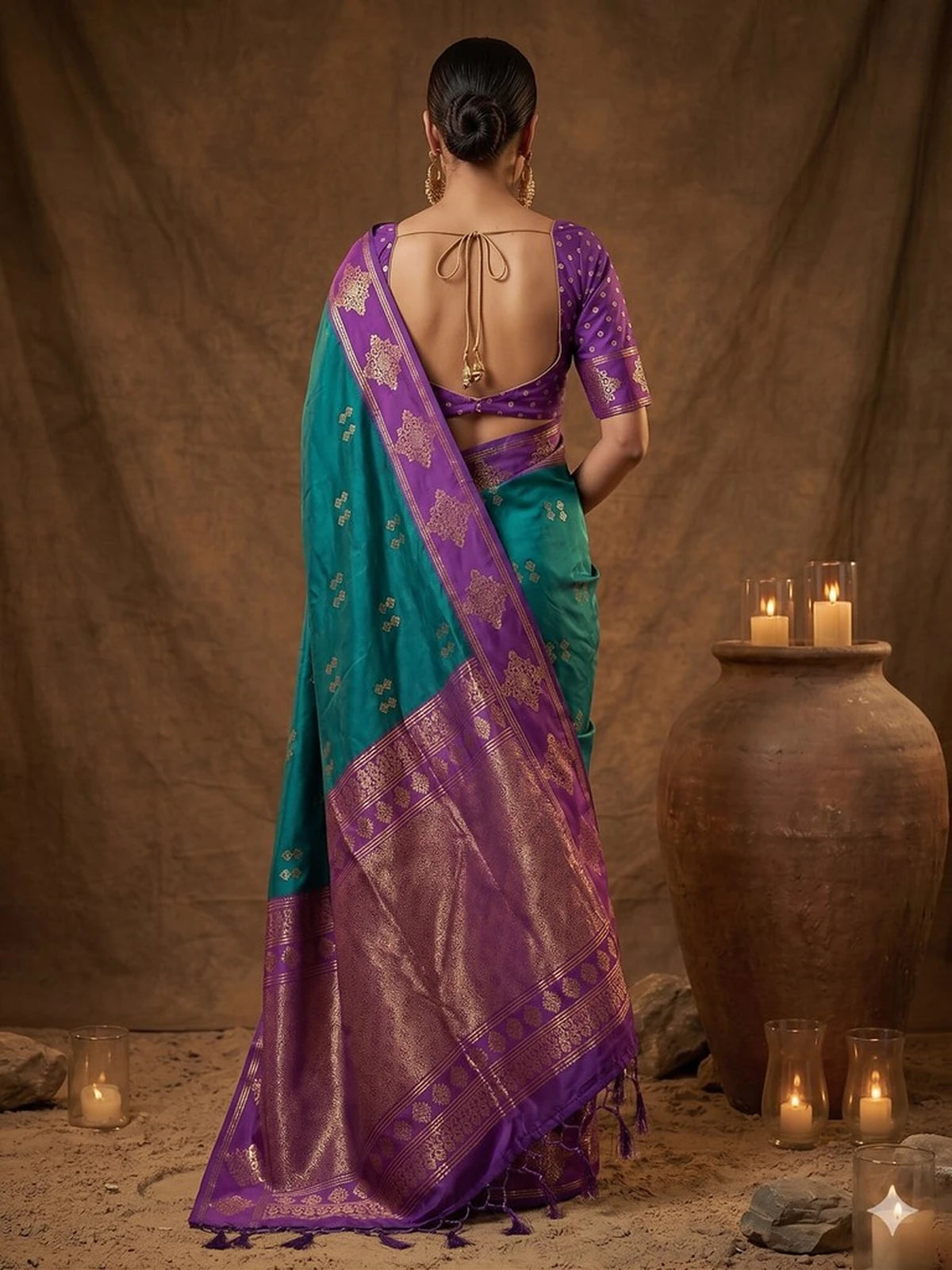 Tarani teal soft silk saree back view with elegant zari pallu and tassel detailing