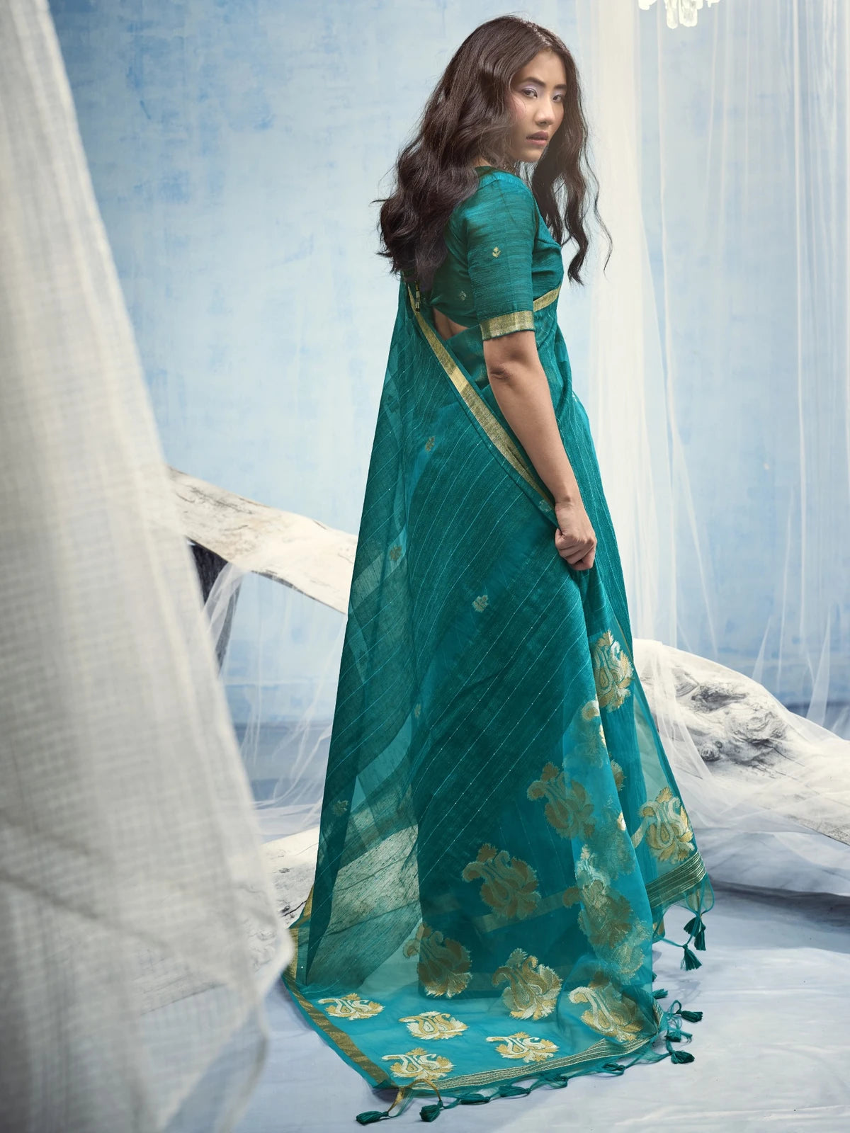 Tarani pure Munga Silk Handloom teal saree with organza pallu back-view