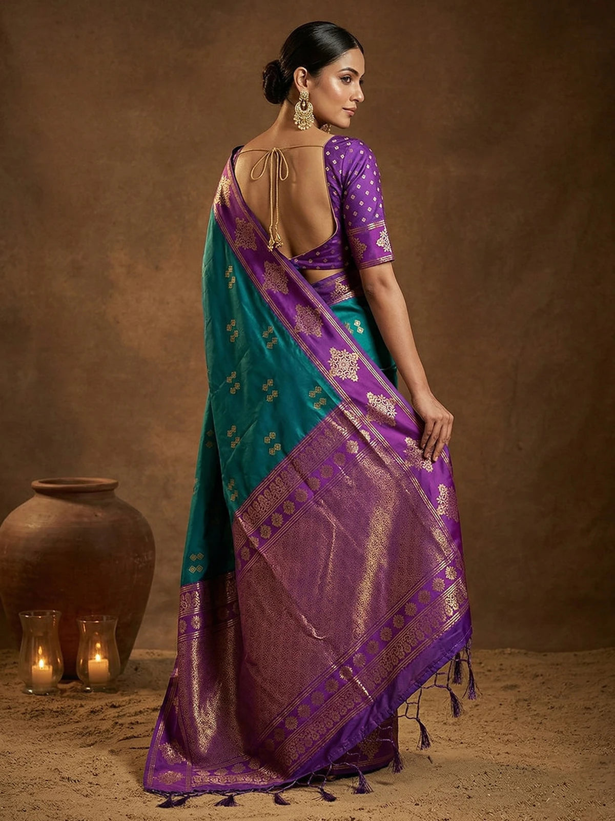 Tarani teal soft silk saree blouse back design with zari woven purple border detail