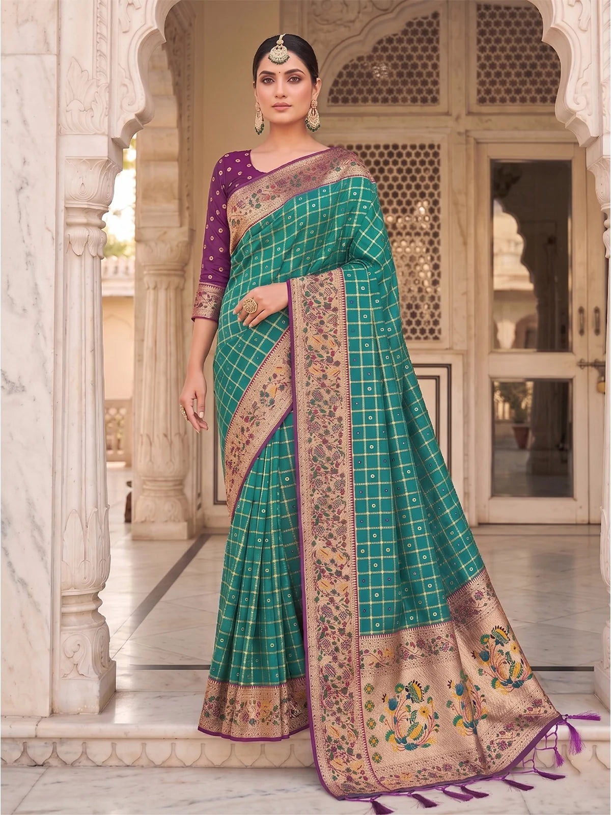 Tarani Yutika teal Banarasi silk saree with zari checks and floral border front view